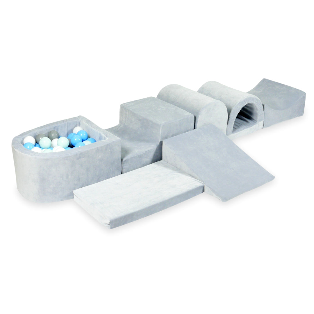 Largest foam play area with light gray soft micro velvet ball pit + 100 balls