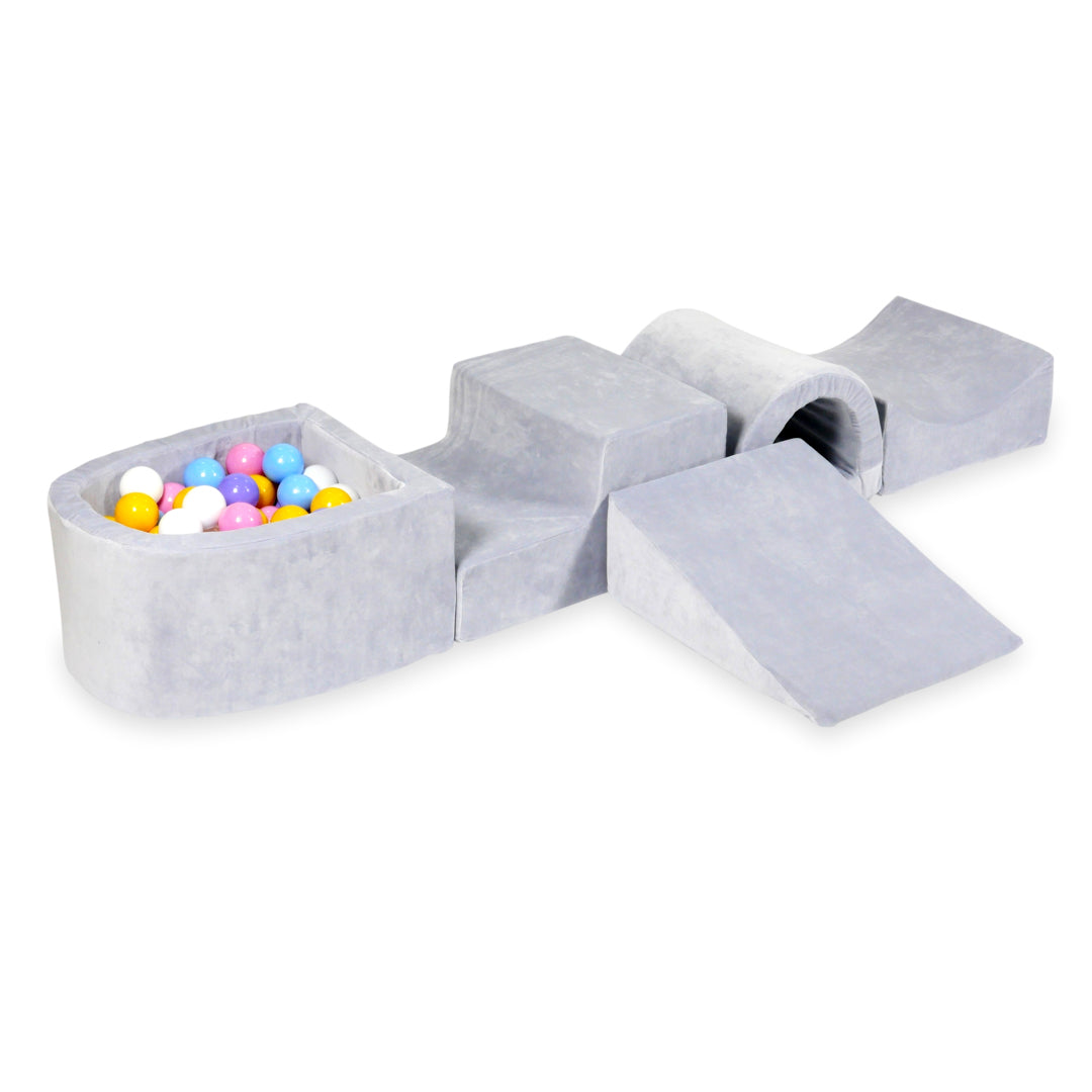 Foam play area with bridge and micro velvet soft light gray pool + 100 balls