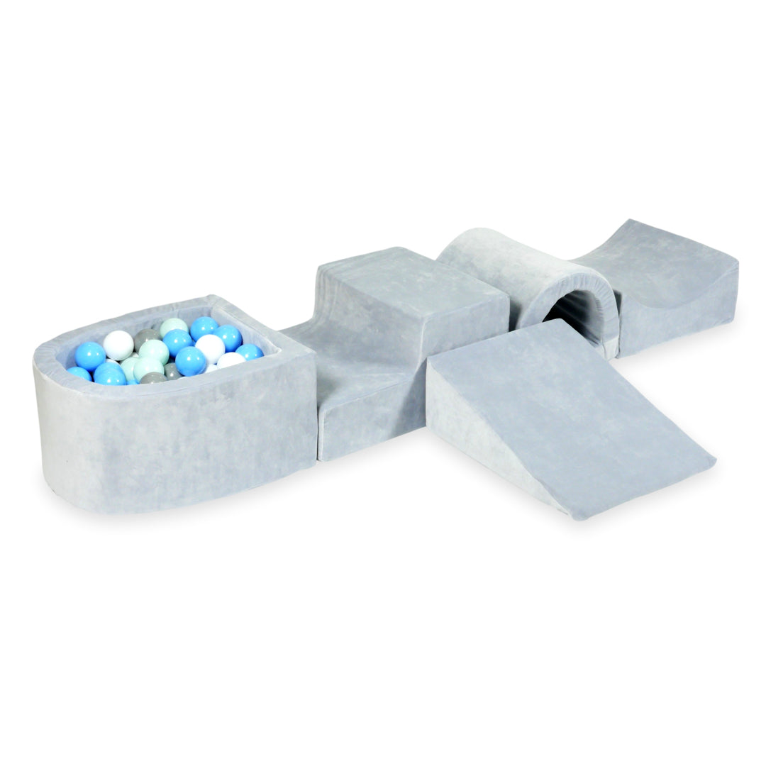 Foam play area with bridge and micro velvet soft light gray pool + 100 balls
