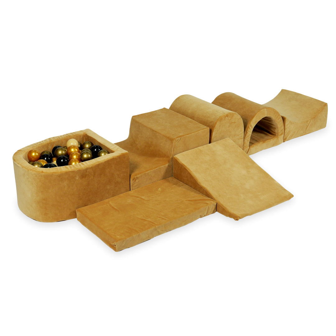 Larger foam play area with micro velvet soft caramel pool + 100 balls