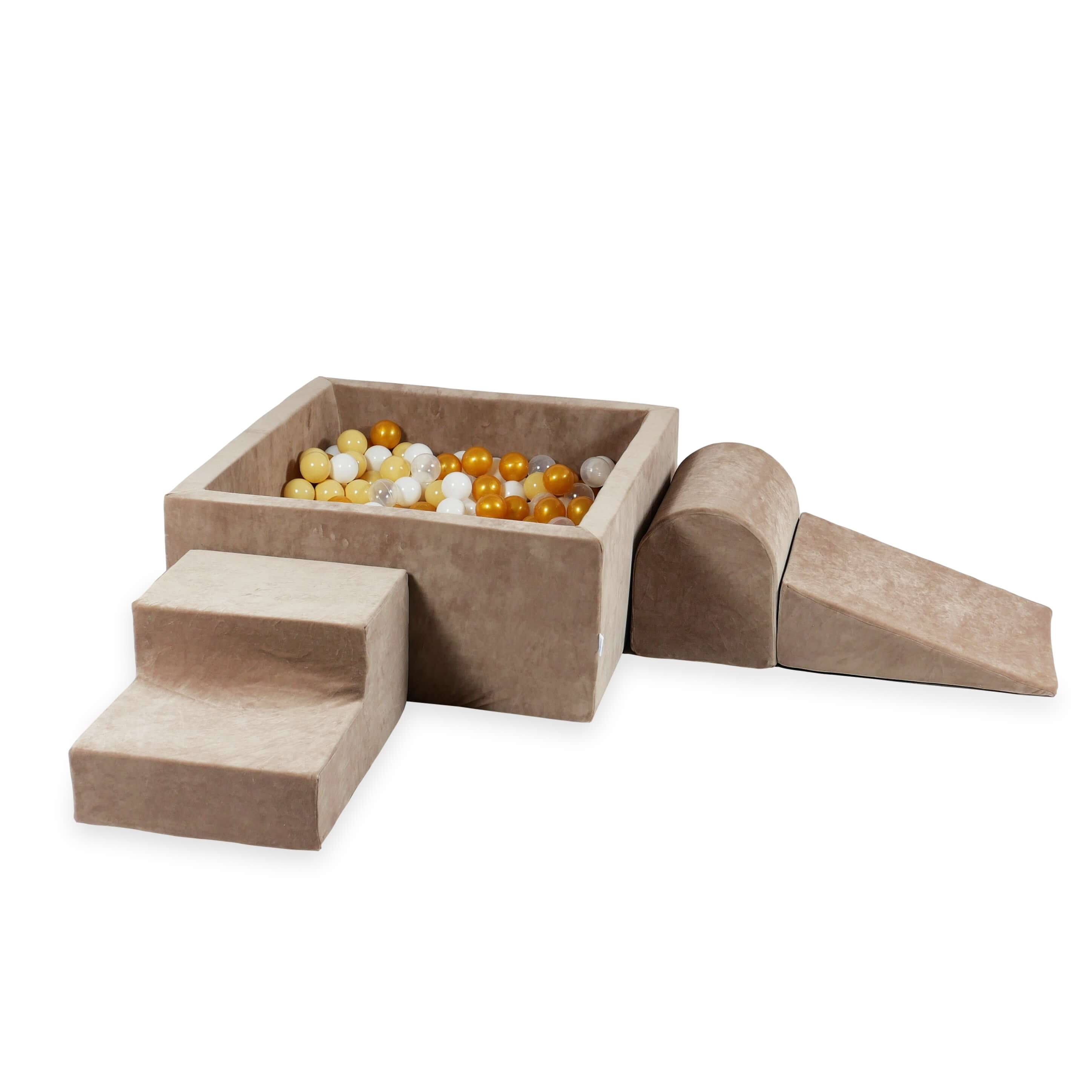 Foam play area with square ball pit children's play set 90x90x40 velvet soft brown + 400 balls