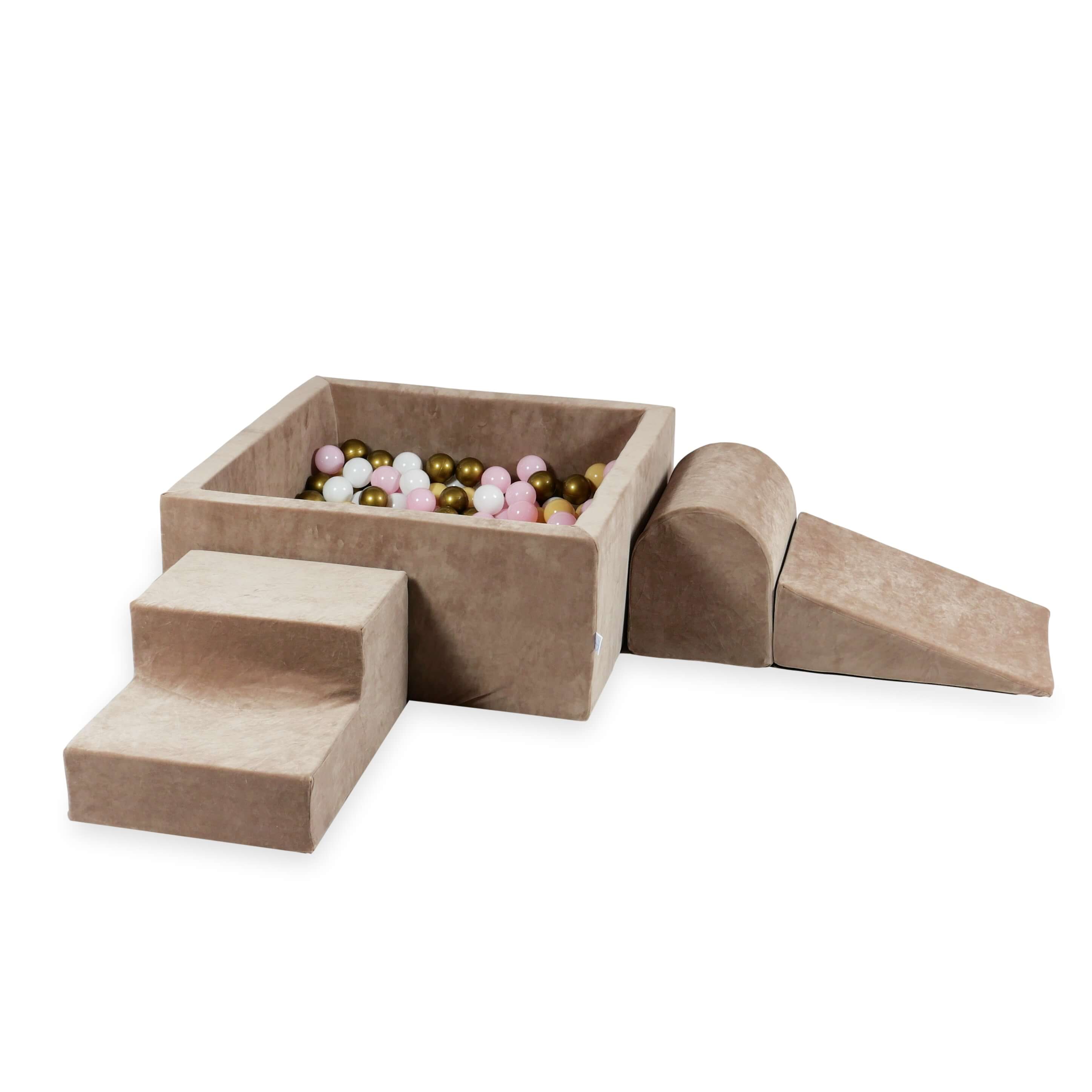 Foam play area with square ball pit children's play set 90x90x40 velvet soft brown + 400 balls