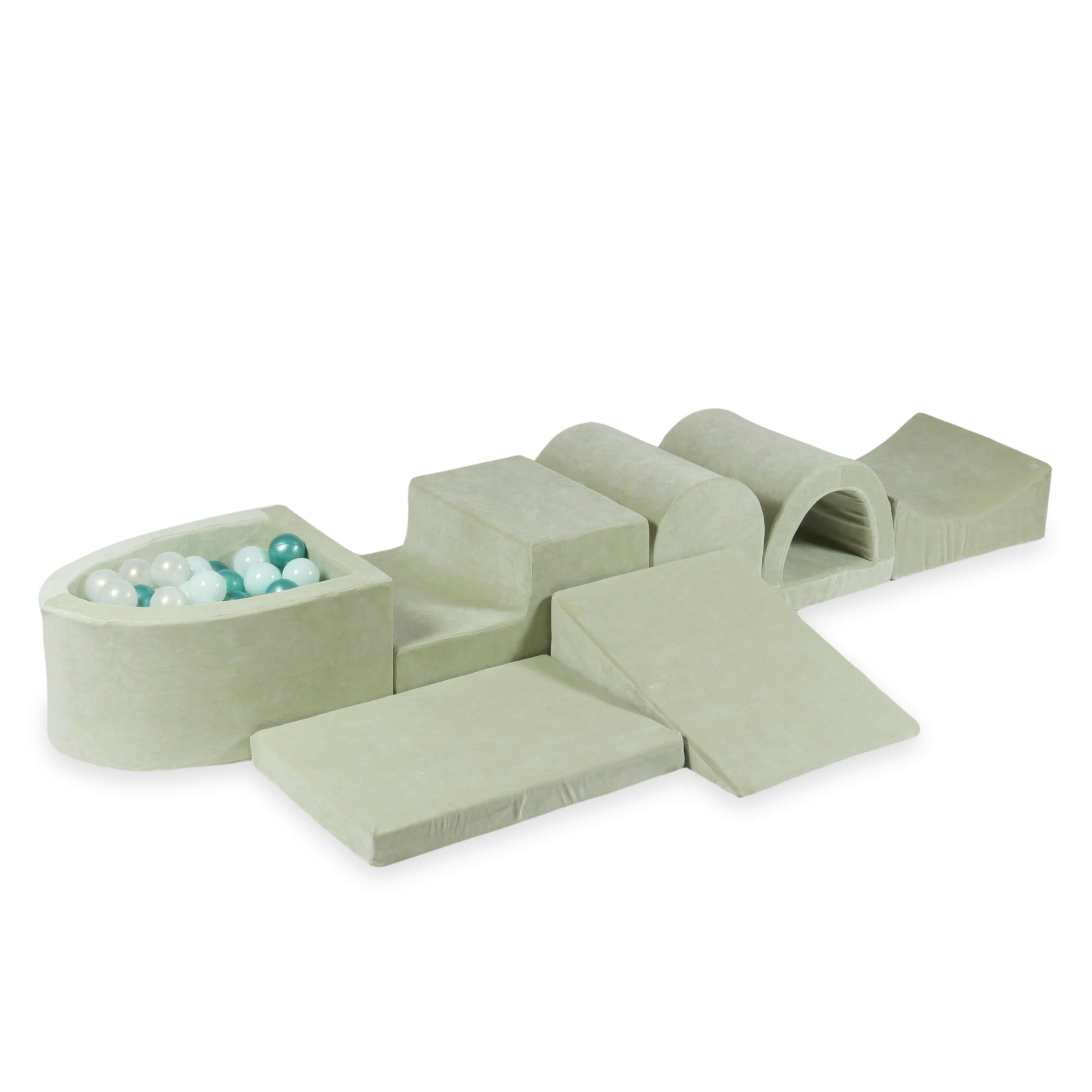 Larger foam play area with micro velvet soft pistachio pool + 100 balls