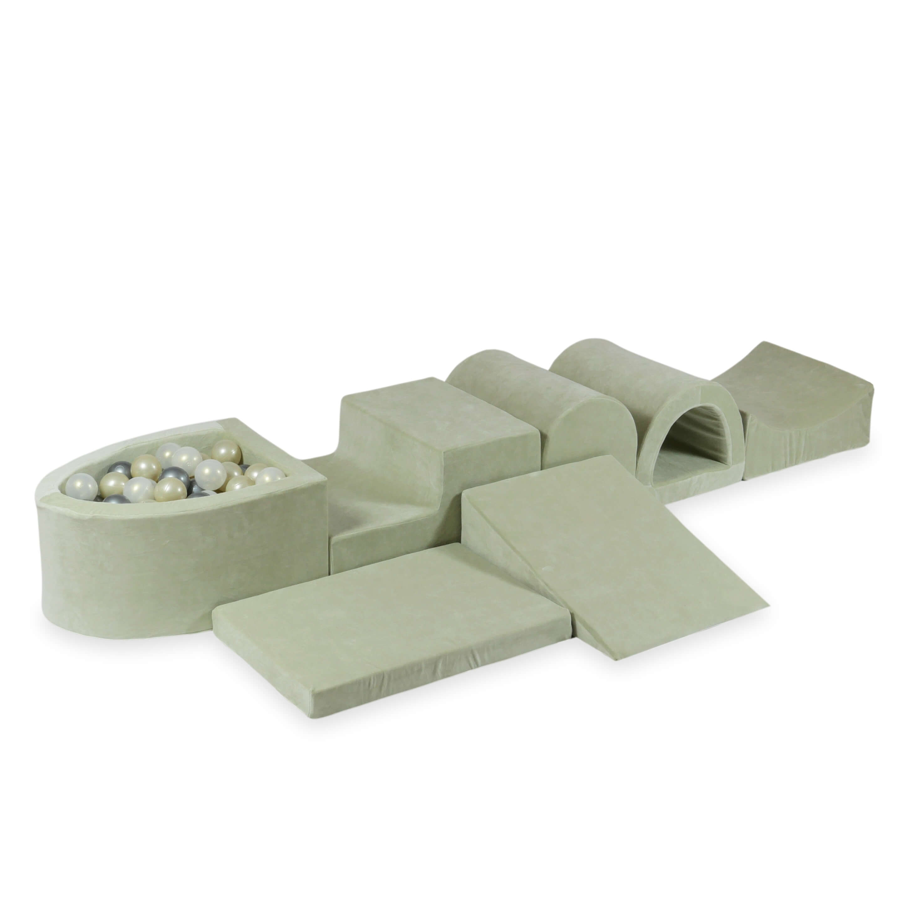 Larger foam play area with micro velvet soft pistachio pool + 100 balls
