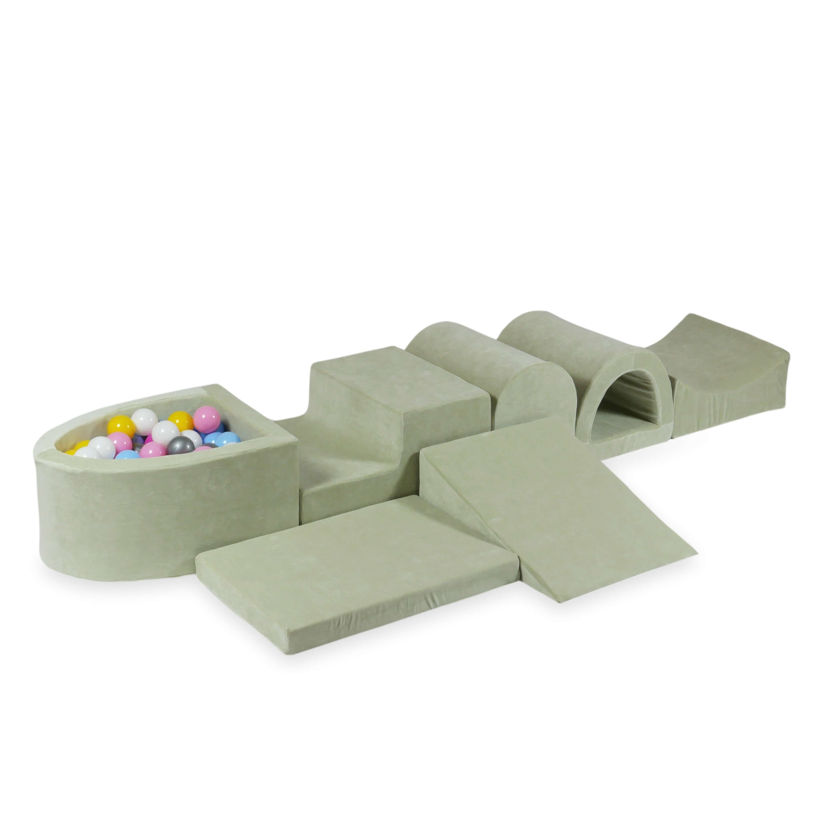 Larger foam play area with micro velvet soft pistachio pool + 100 balls