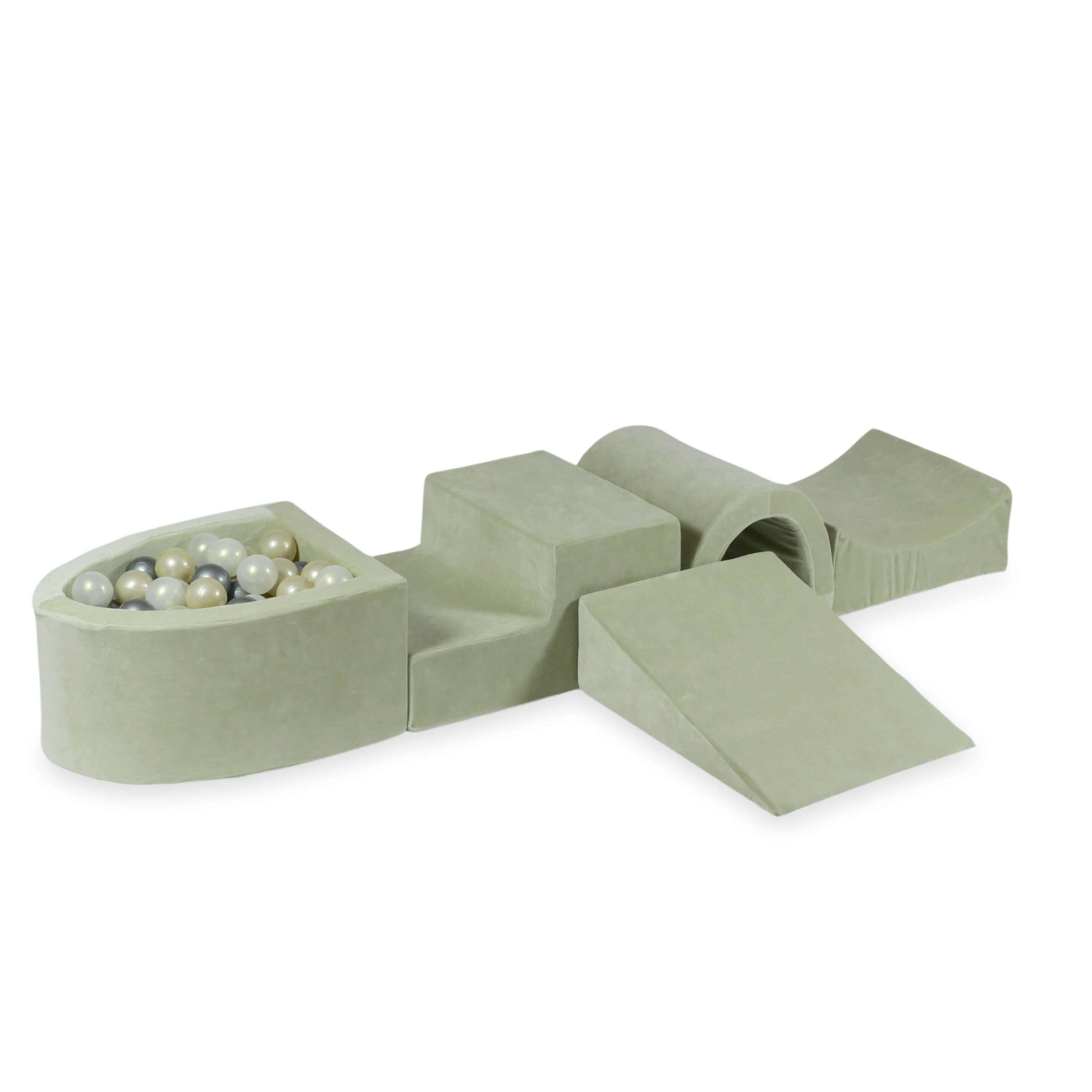 Foam play area with bridge and micro velvet soft pistachio pool + 100 balls