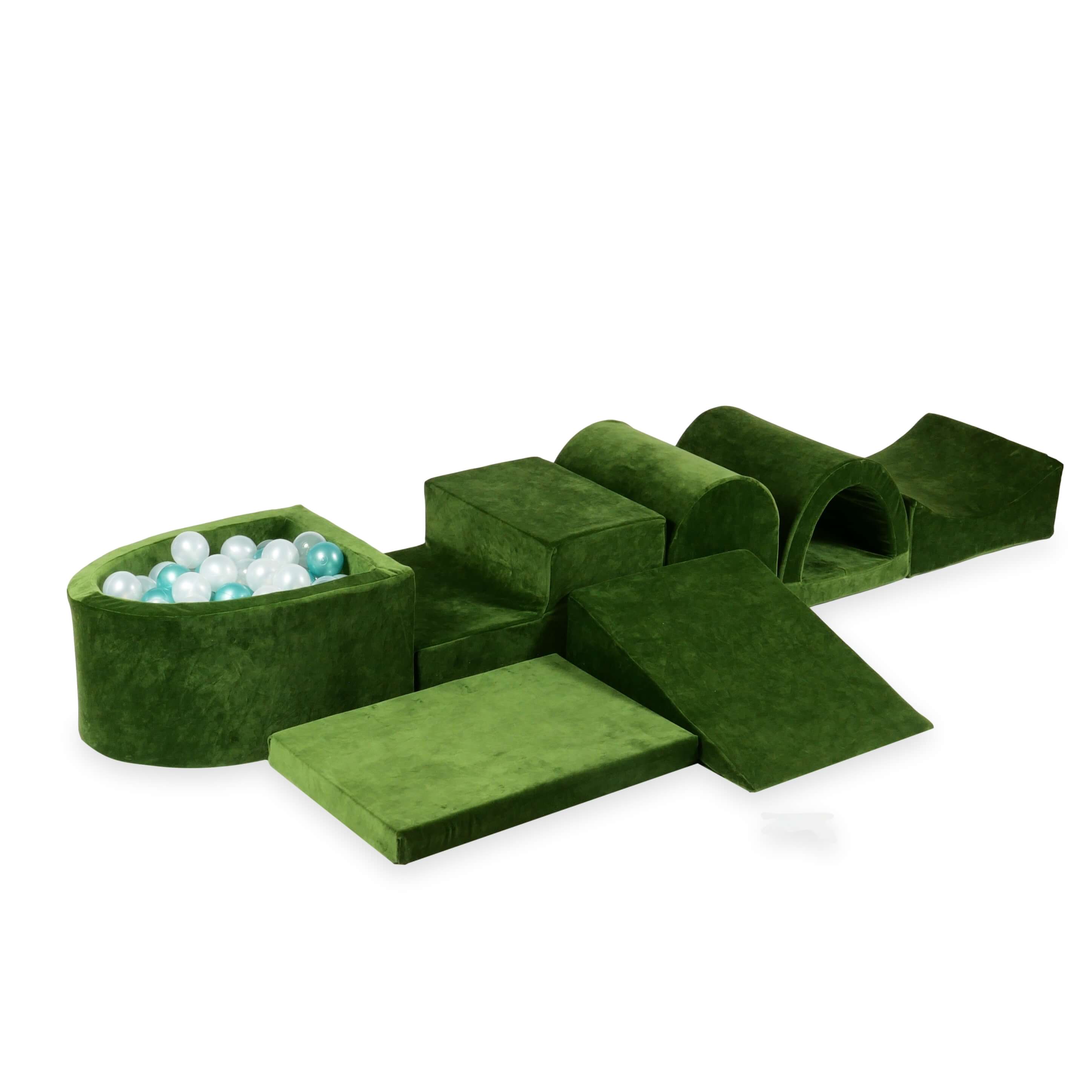 Larger foam play area with micro velvet soft olive pool + 100 balls