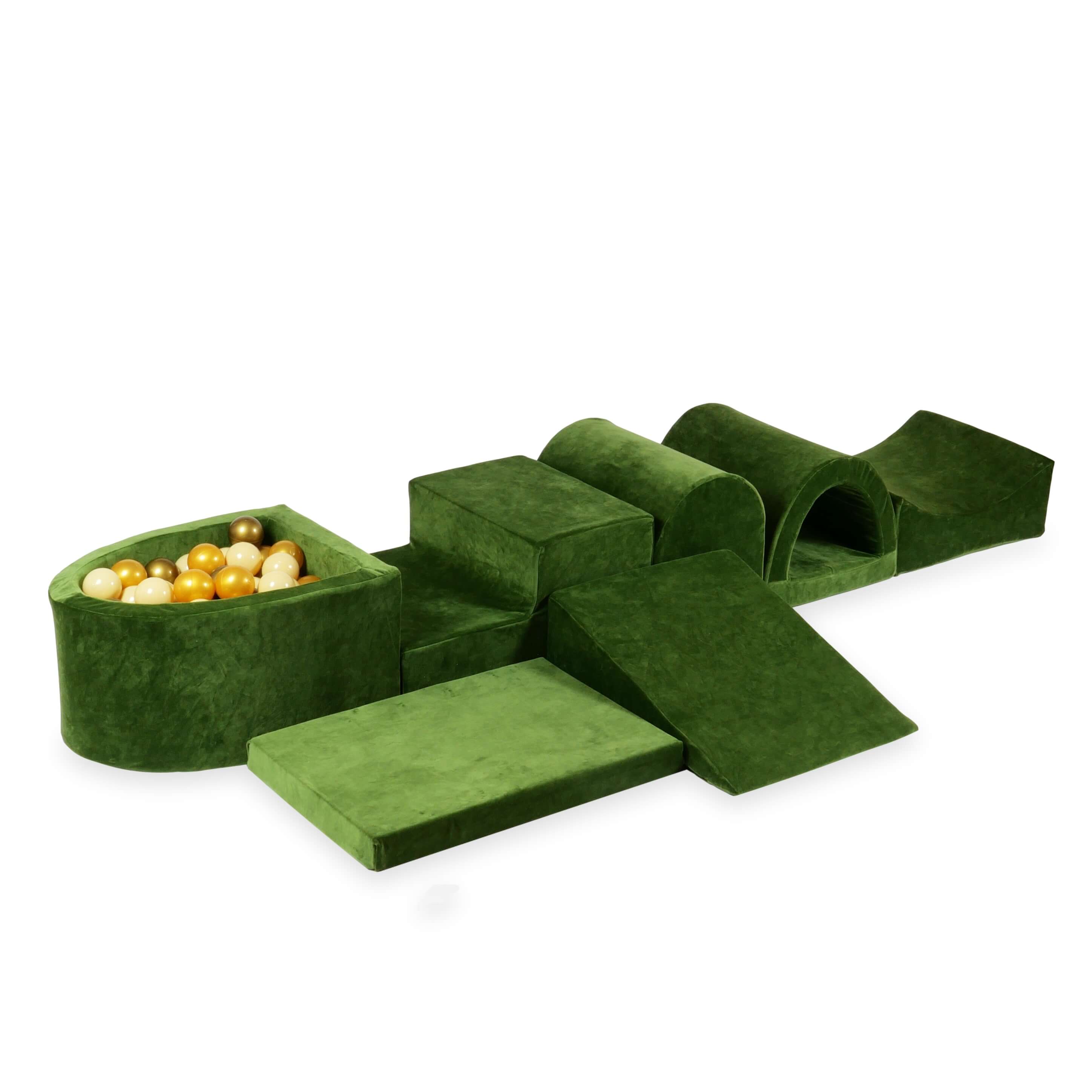 Larger foam play area with micro velvet soft olive pool + 100 balls