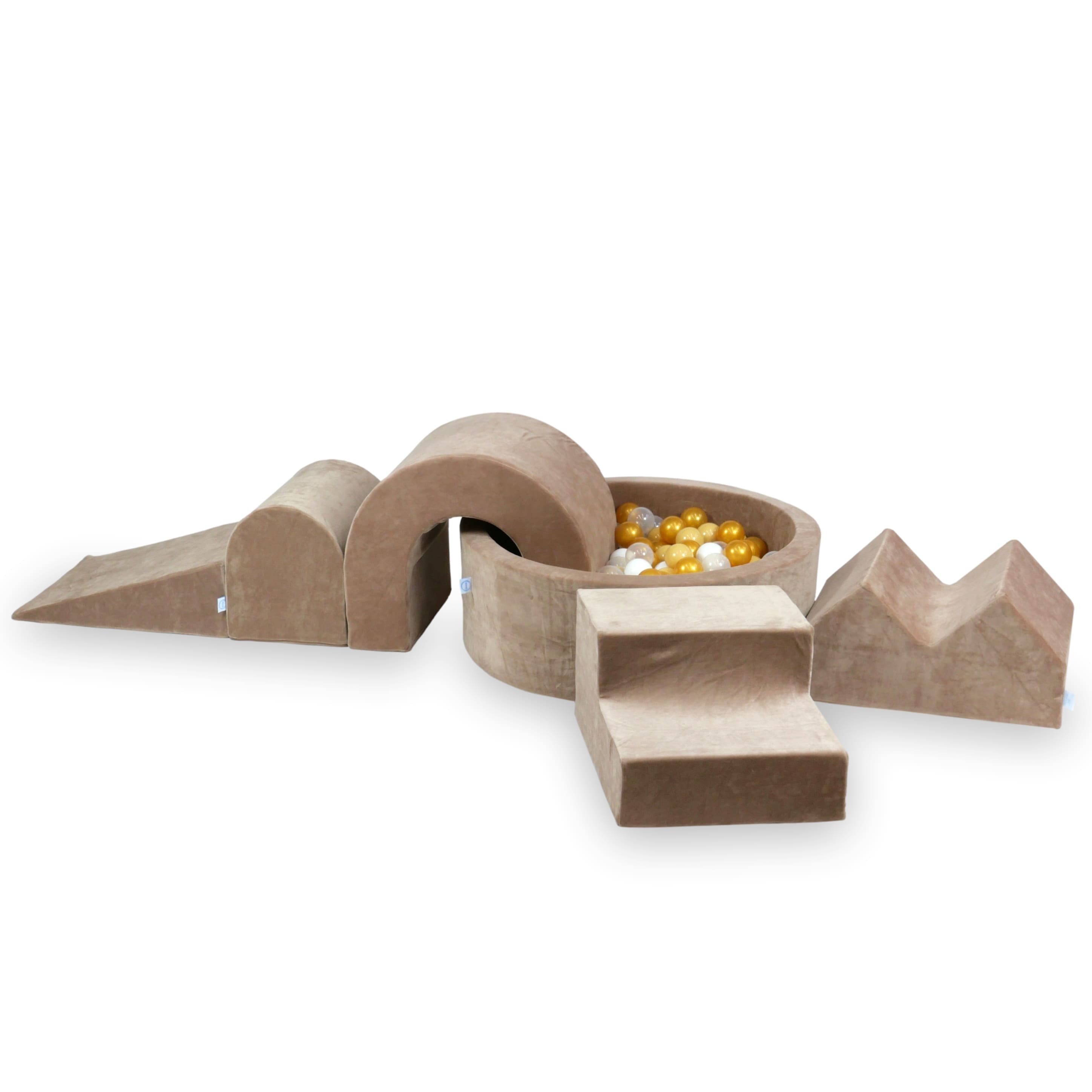 Foam play area with round pool 90x30 velvet soft brown + 5 elements + 200 balls