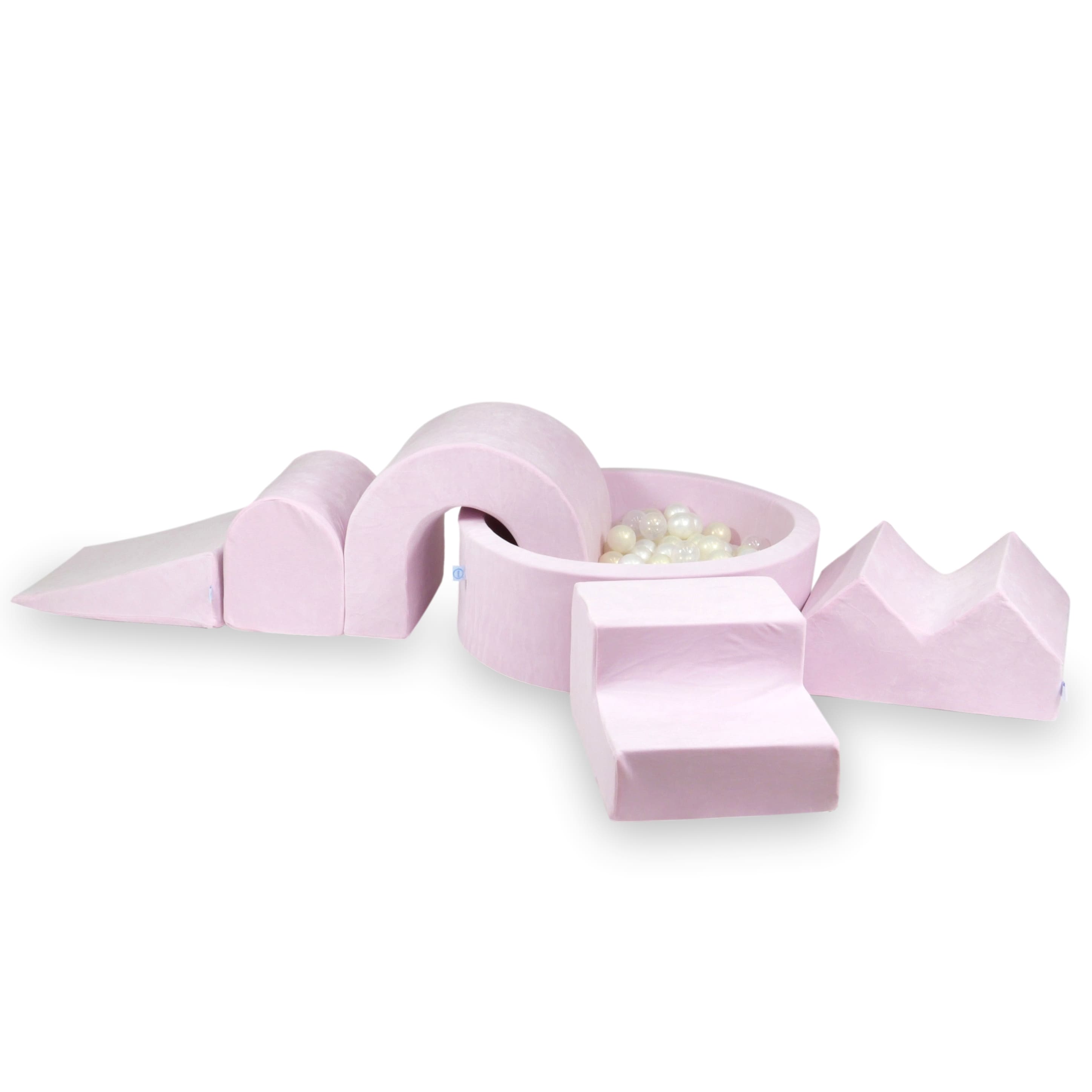 Foam play area with round pool 90x30 velvet soft light pink + 5 elements + 200 balls