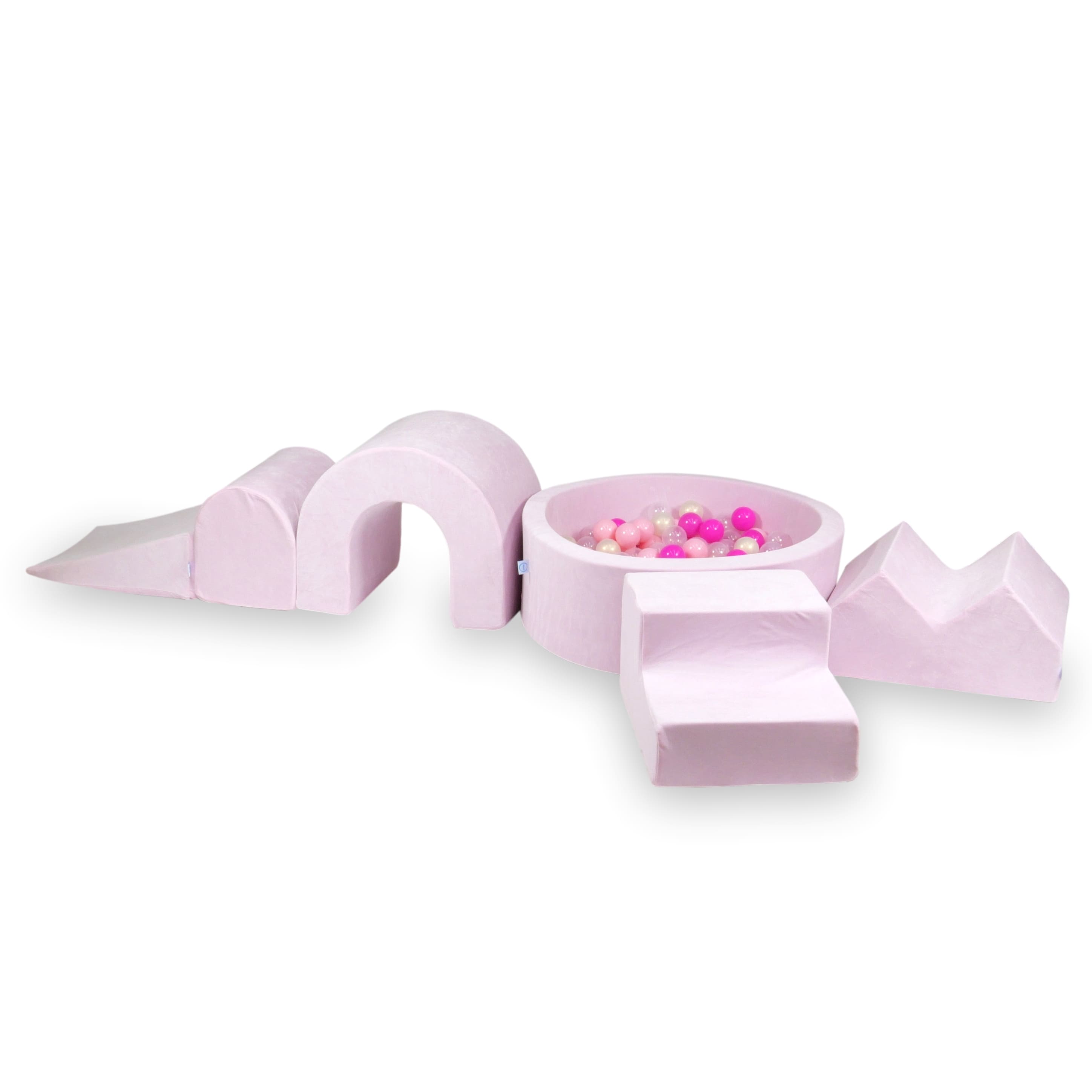 Foam play area with round pool 90x30 velvet soft light pink + 5 elements + 200 balls