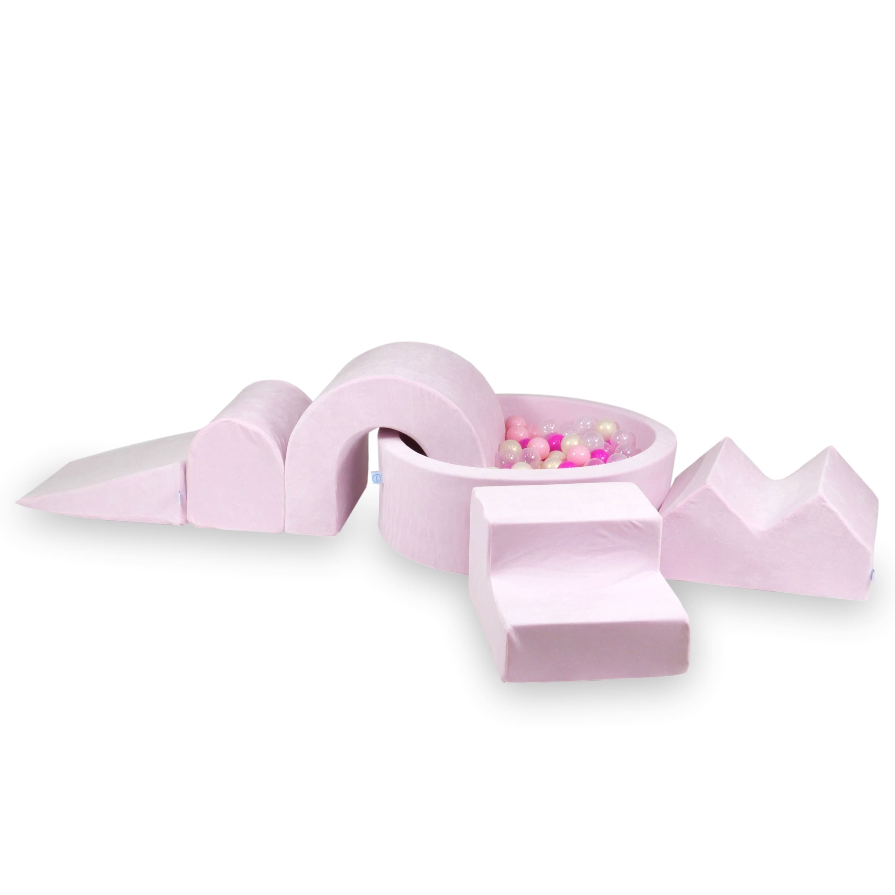 Foam play area with round pool 90x30 velvet soft light pink + 5 elements + 200 balls