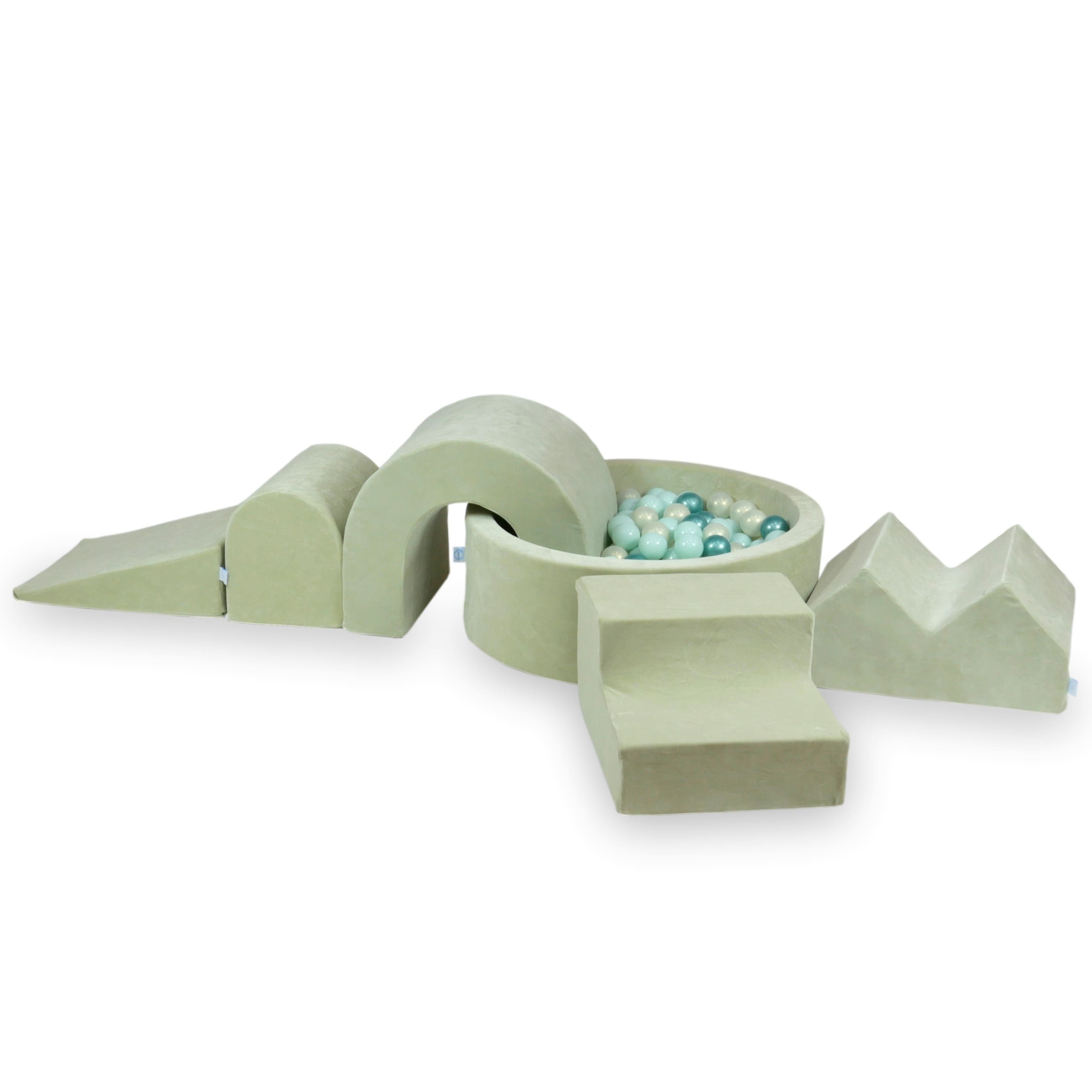 Foam play area with round pool 90x30 velvet soft pistachio + 5 elements + 200 balls