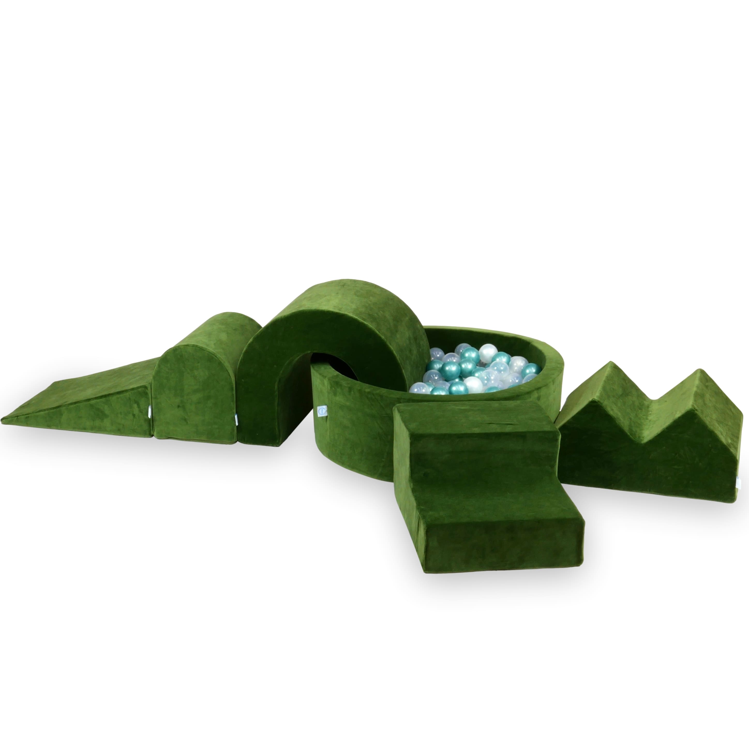 Foam play area with round pool 90x30 velvet soft olive + 5 elements + 200 balls