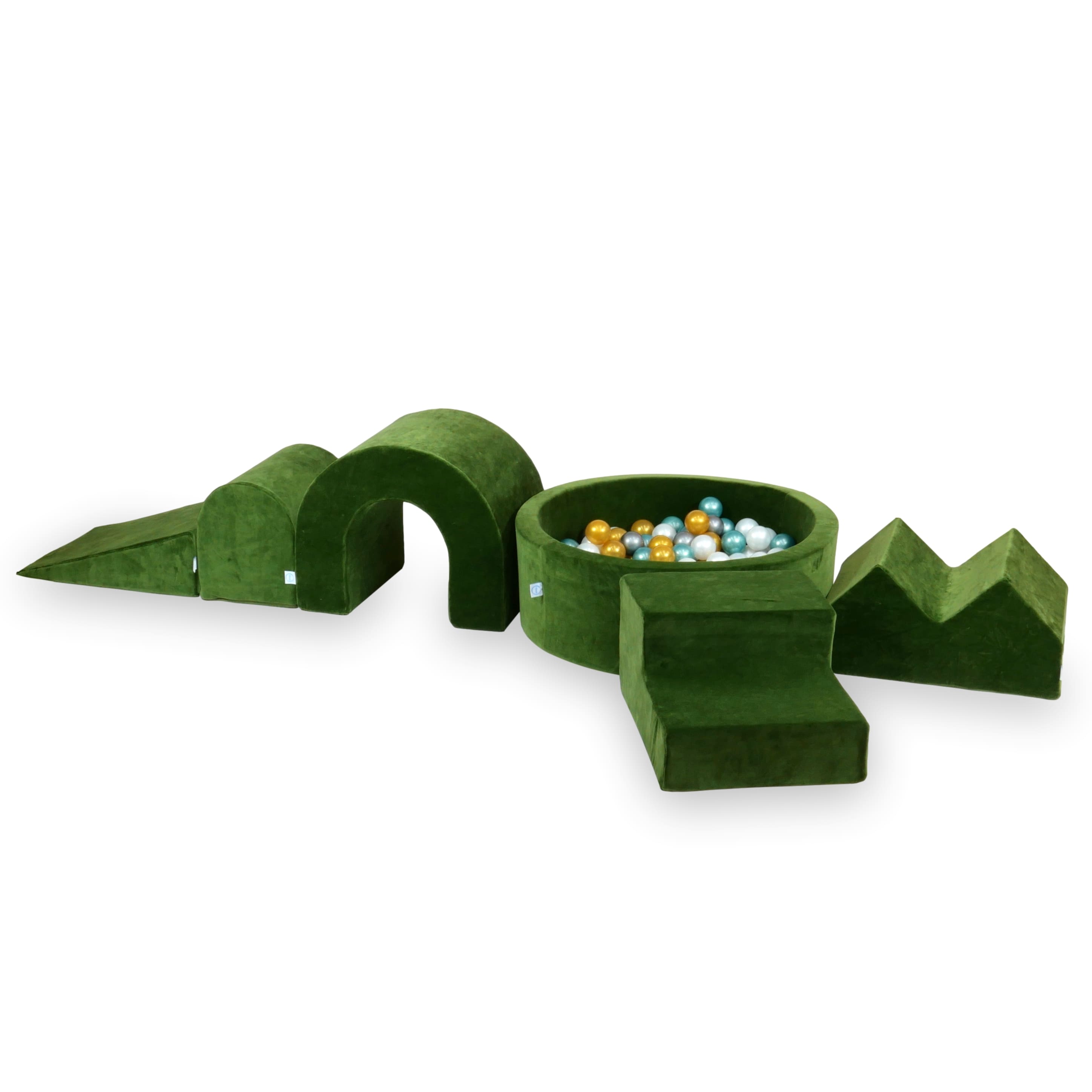 Foam play area with round pool 90x30 velvet soft olive + 5 elements + 200 balls