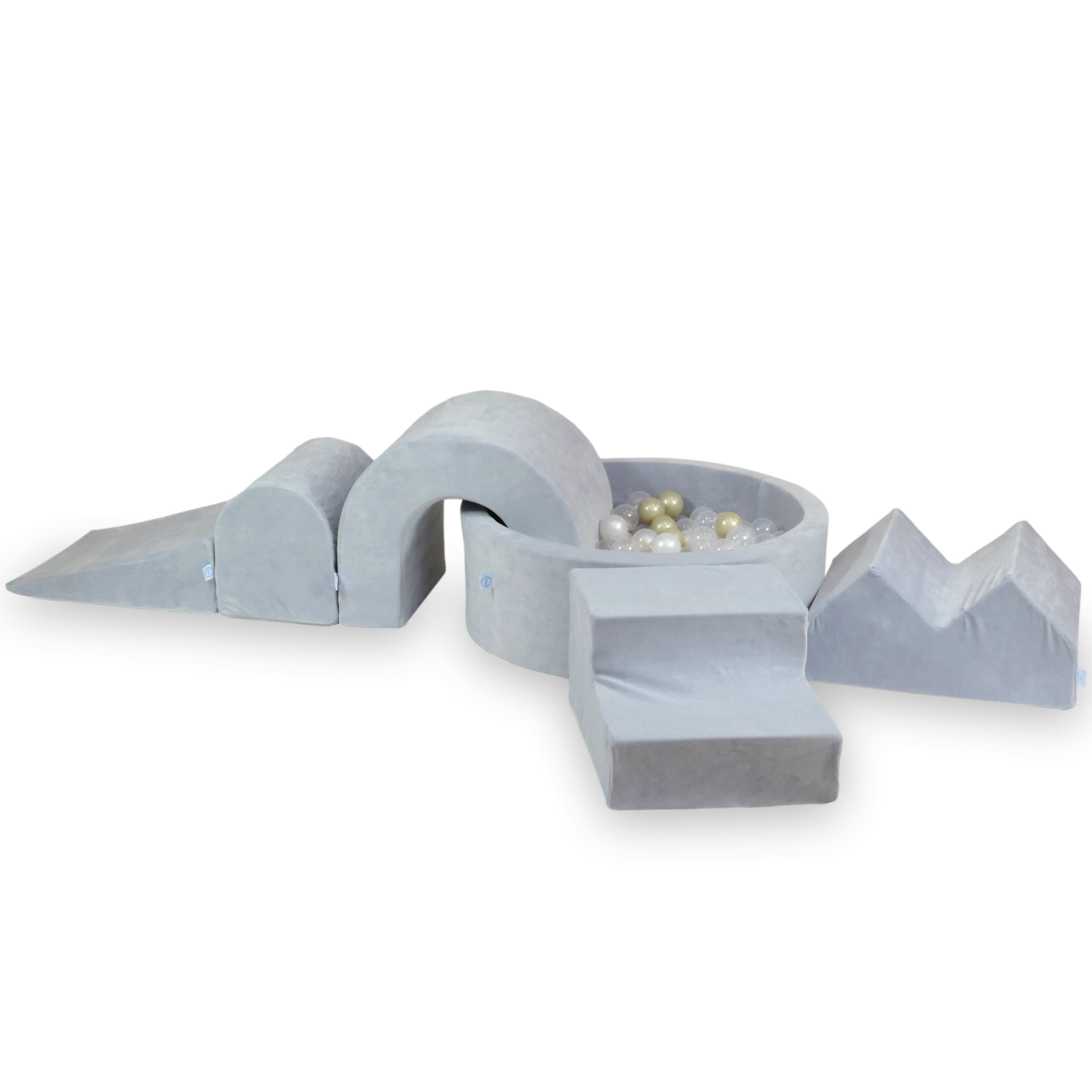 Foam play area with round pool 90x30 velvet soft light gray + 5 elements + 200 balls