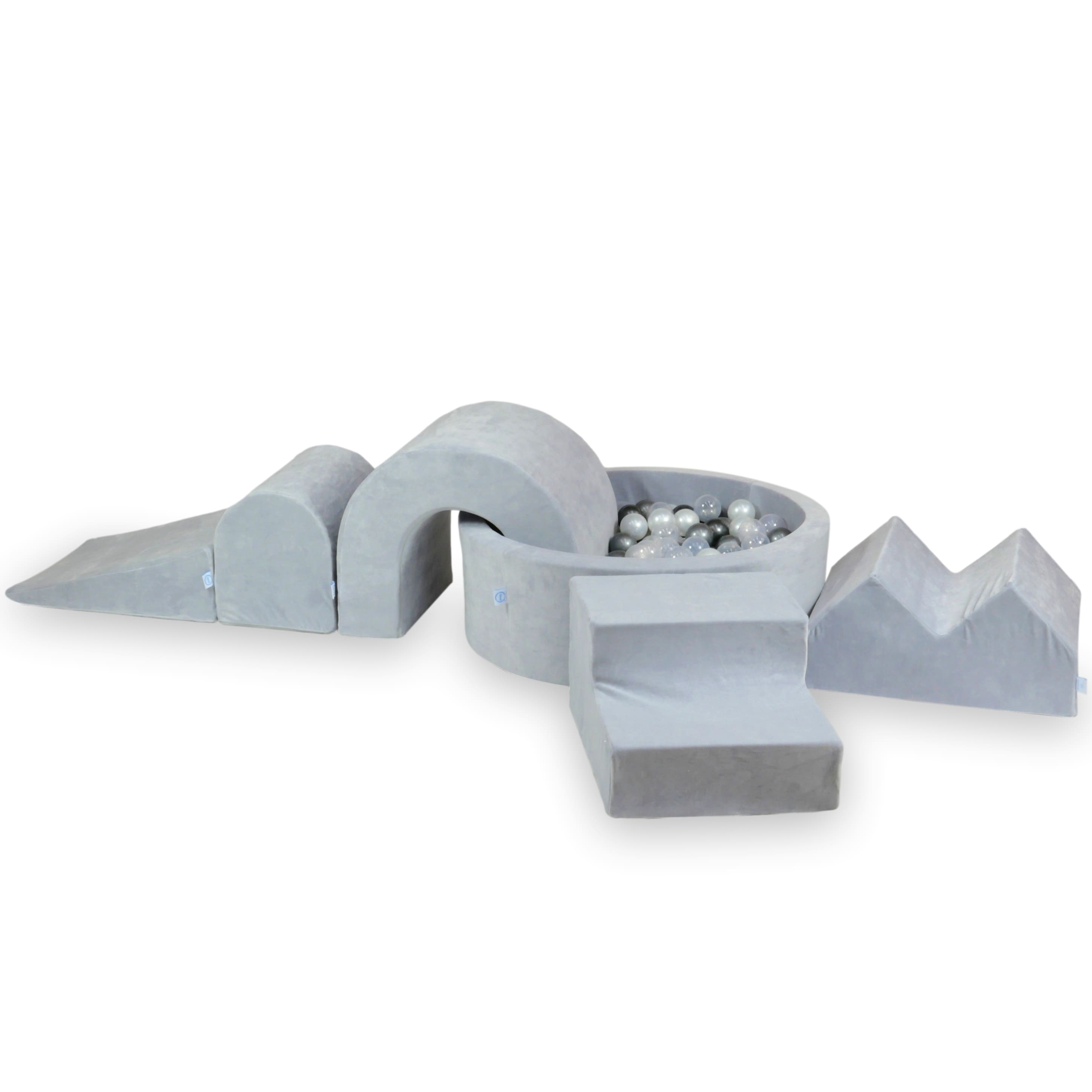 Foam play area with round pool 90x30 velvet soft light gray + 5 elements + 200 balls