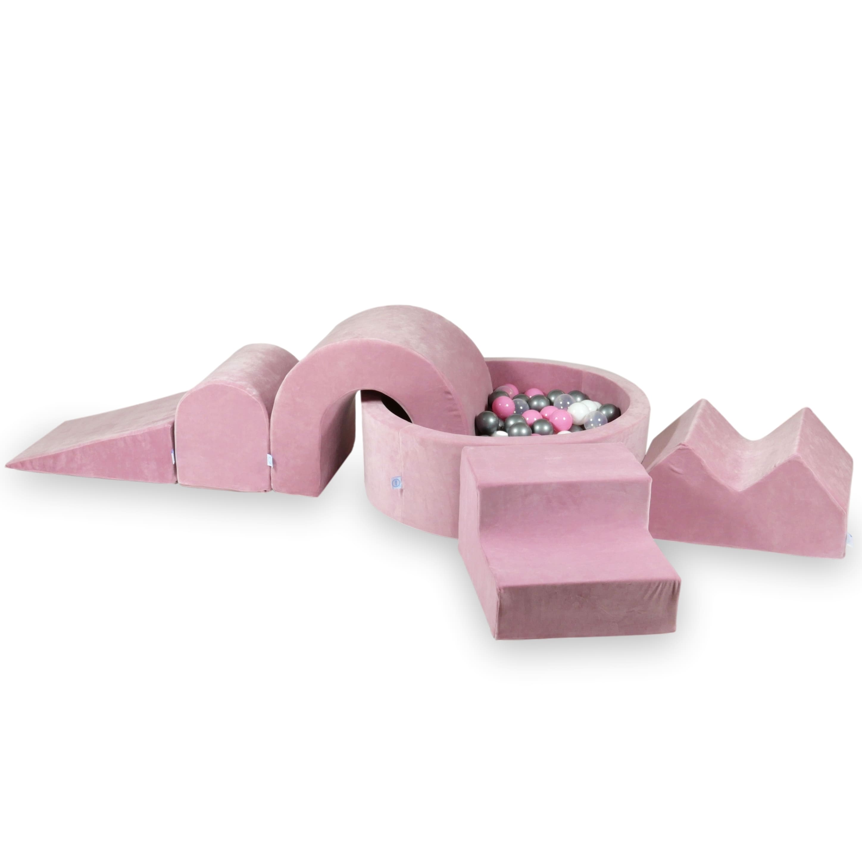 Foam play area with round pool 90x30 velvet soft rose + 5 elements + 200 balls