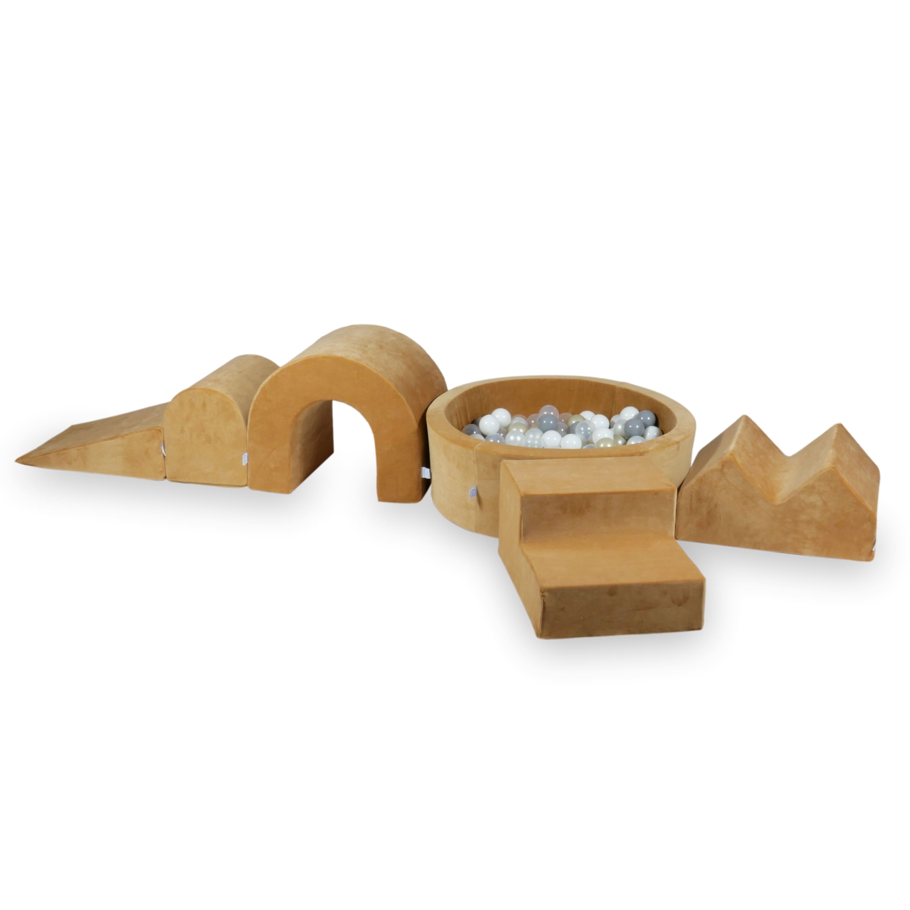 Foam play area with round ball pit 90x30 velvet soft caramel + 5 elements + 200 balls