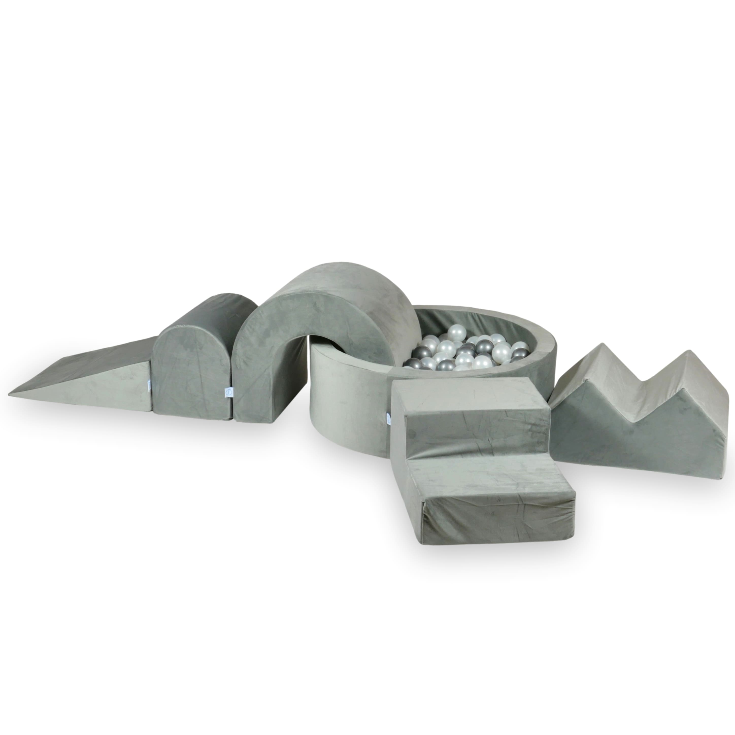 Foam play area with round pool 90x30 velvet gray + 5 elements + 200 balls
