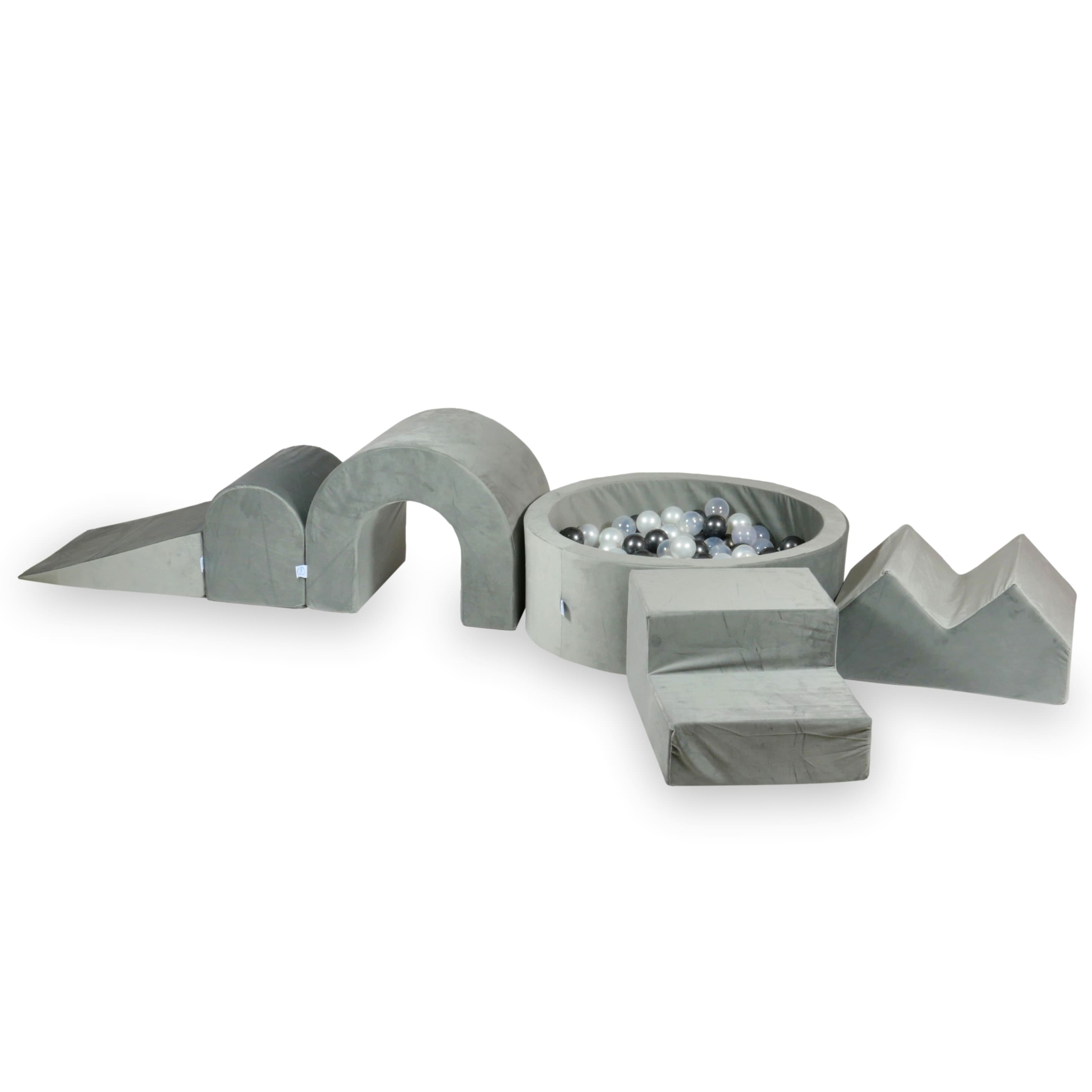 Foam play area with round pool 90x30 velvet gray + 5 elements + 200 balls