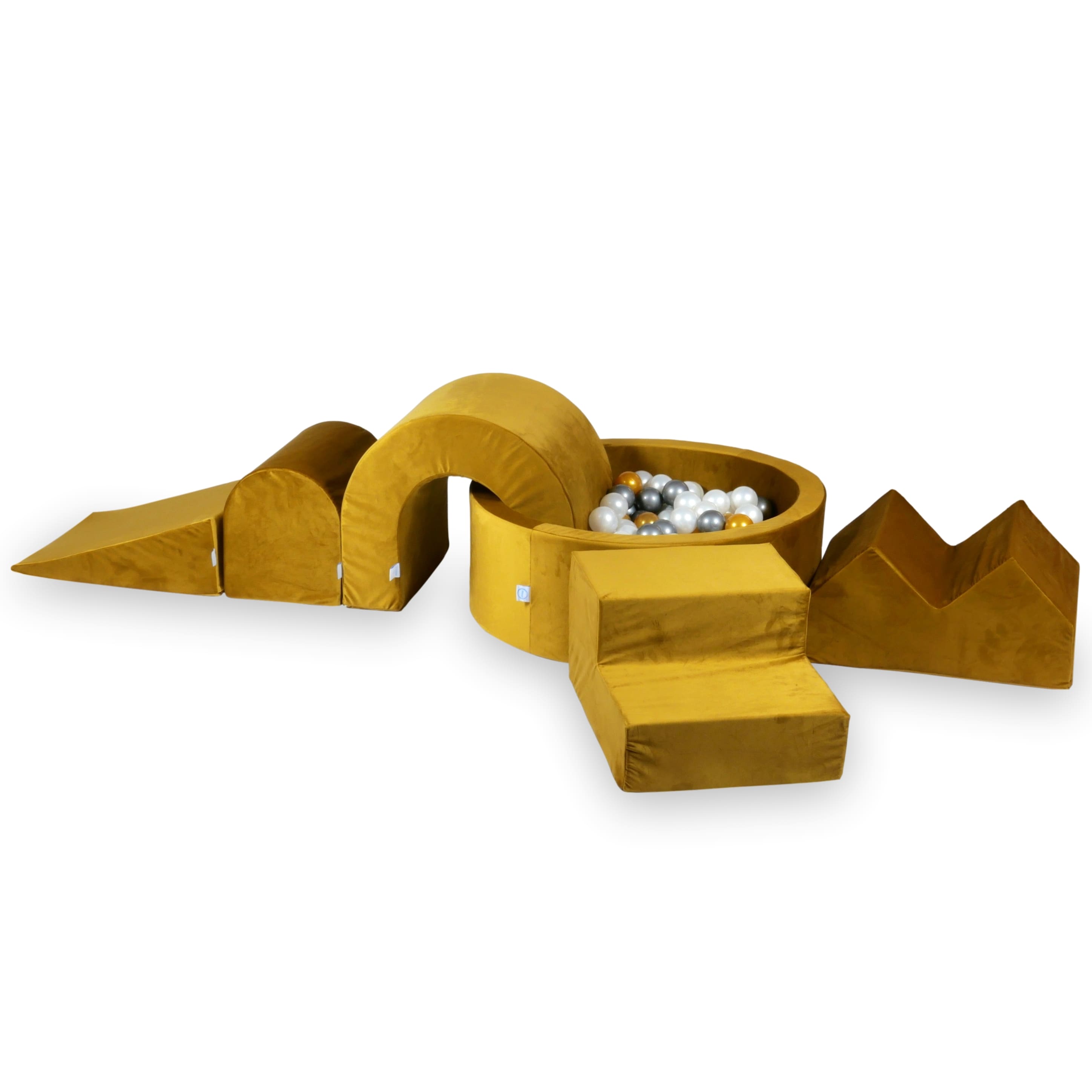 Foam play area with round pool 90x30 velvet gold + 5 elements + 200 balls