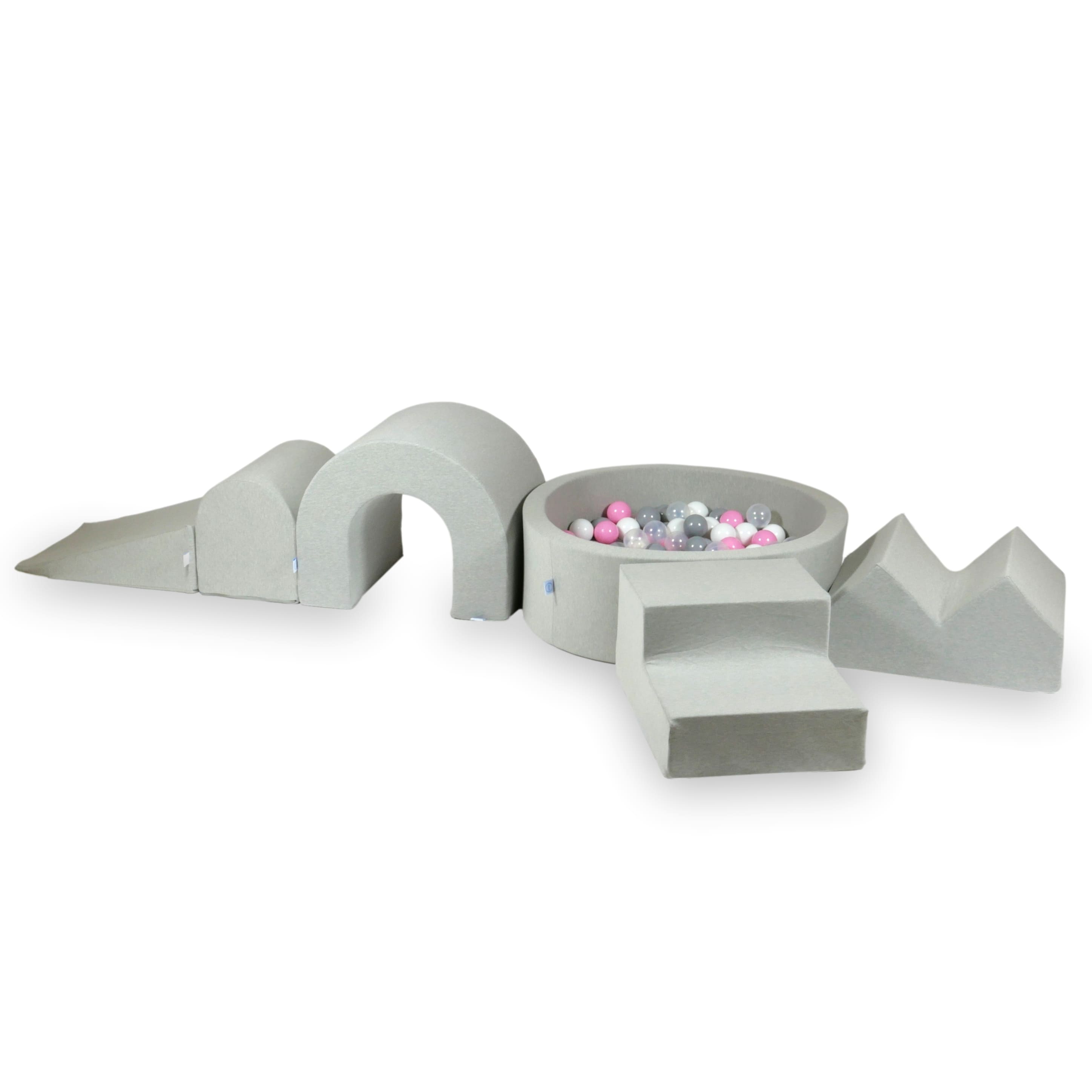Foam play area with round pool 90x30 light gray + 5 elements + 200 balls
