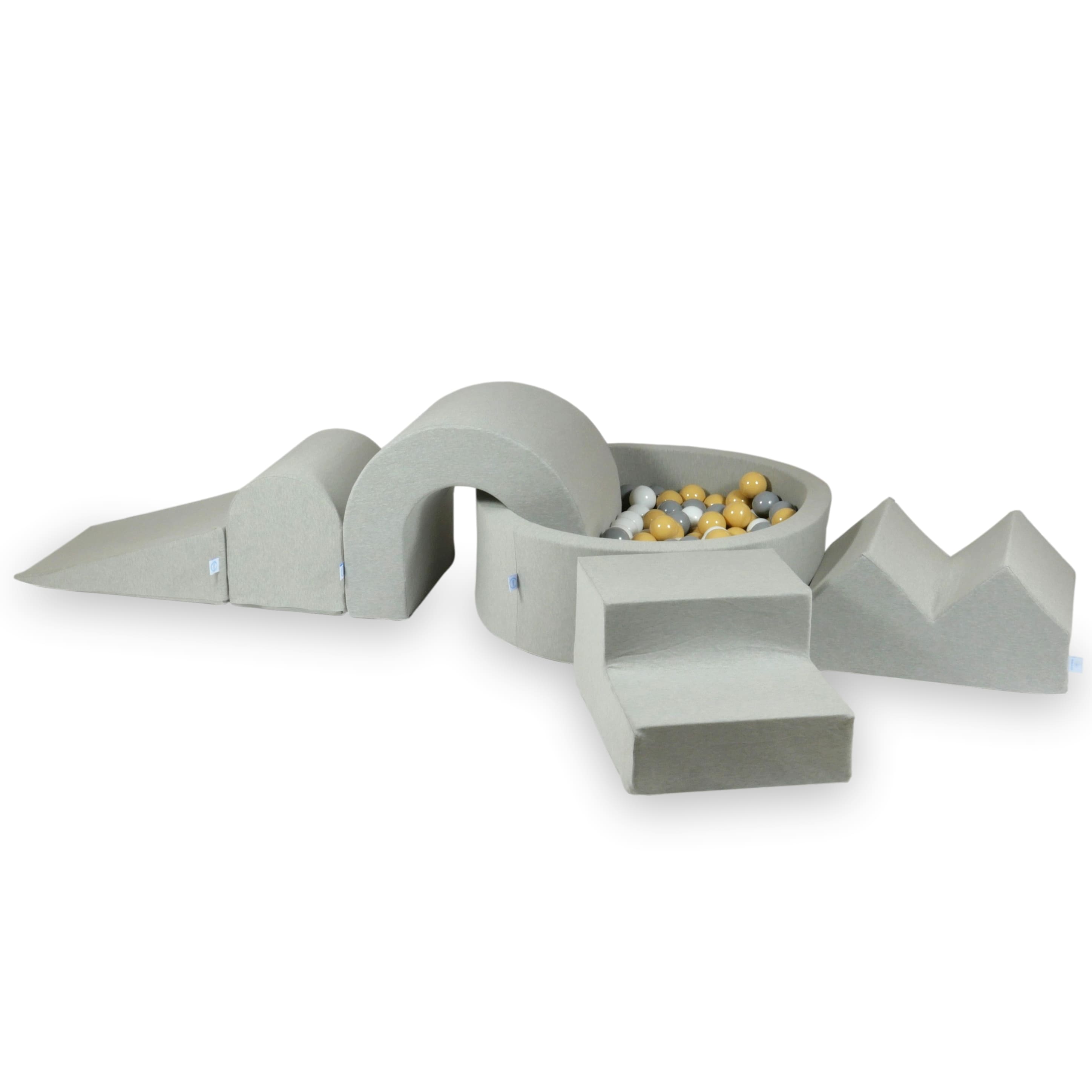 Foam play area with round pool 90x30 light gray + 5 elements + 200 balls