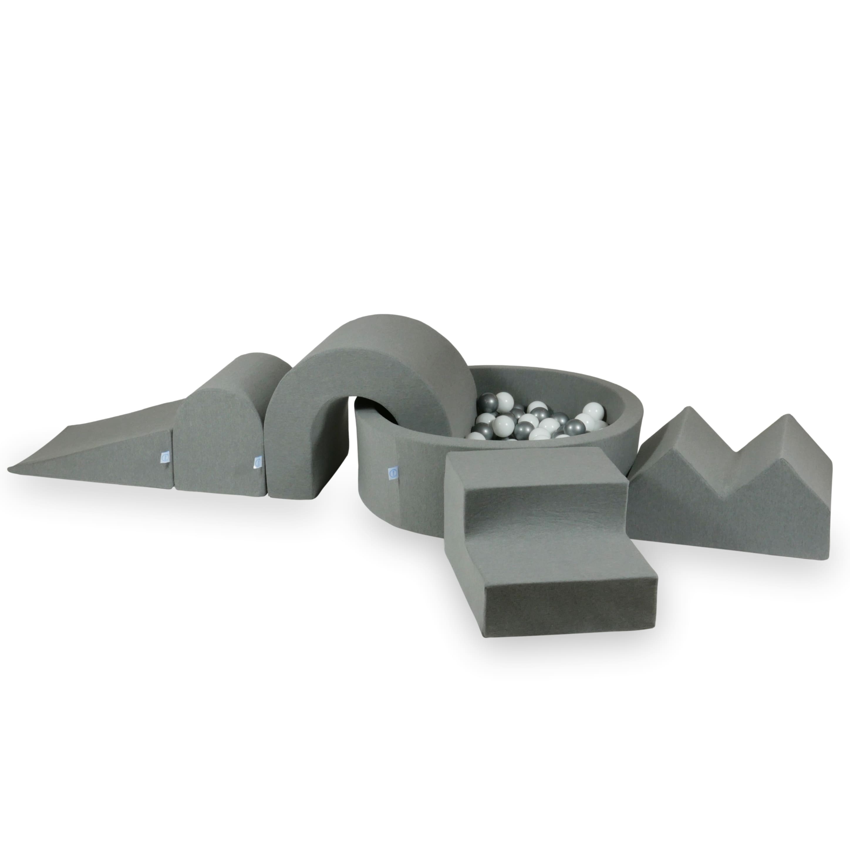 Foam play area with round pool 90x30 gray + 5 elements + 200 balls
