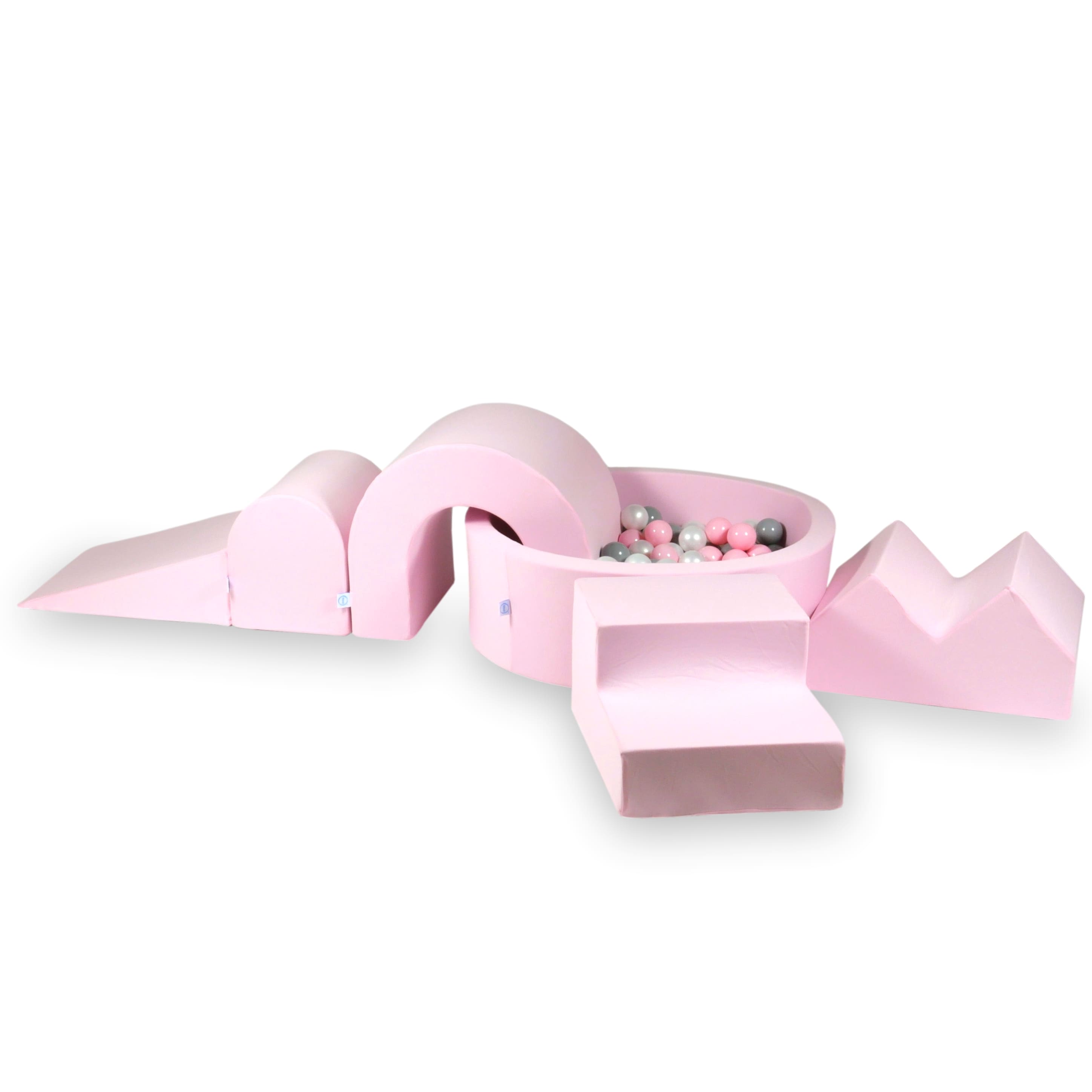 Foam play area with round pool 90x30 powder pink + 5 elements + 200 balls