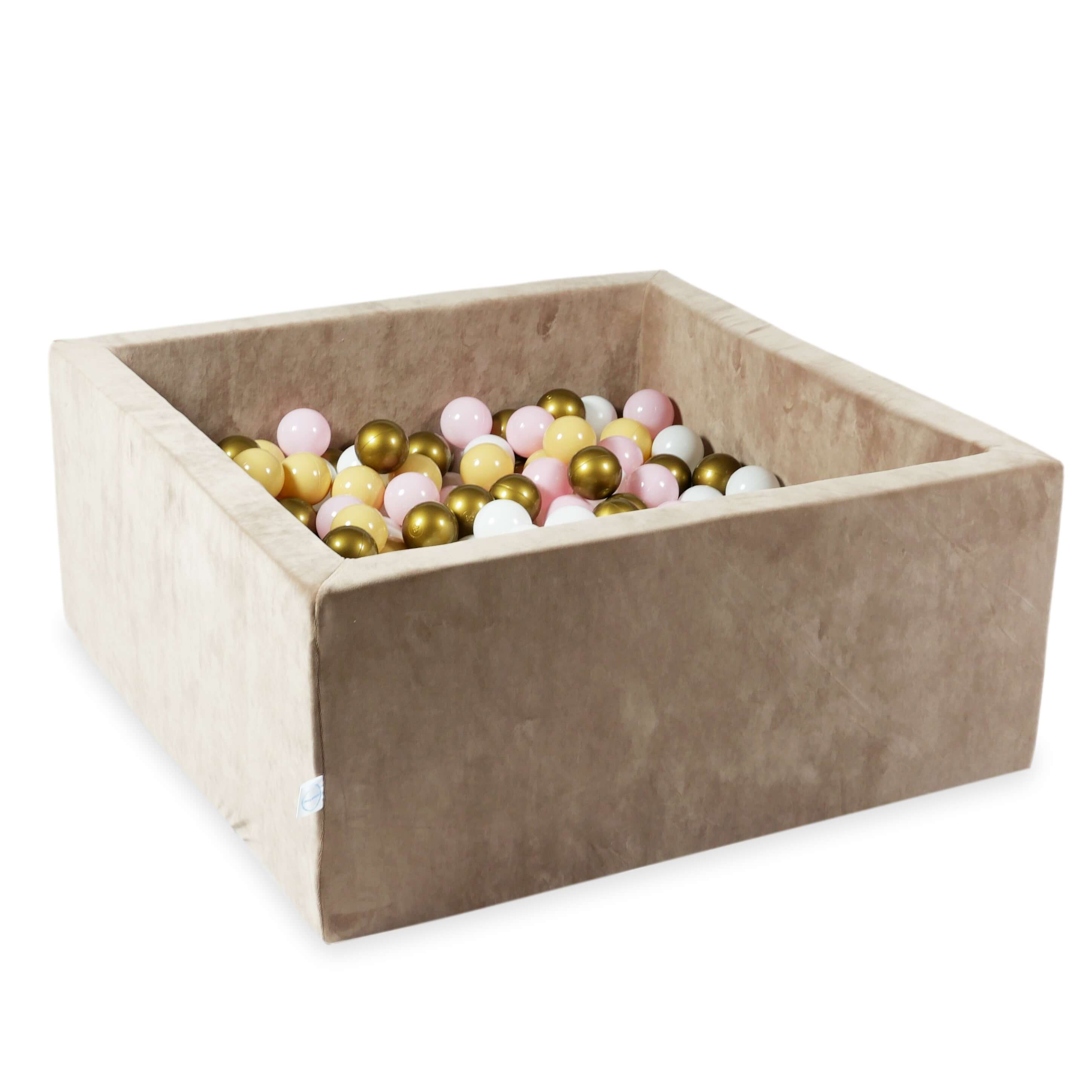 Square ball pit 90x90x40 cm in soft Brown velvet, 400 balls