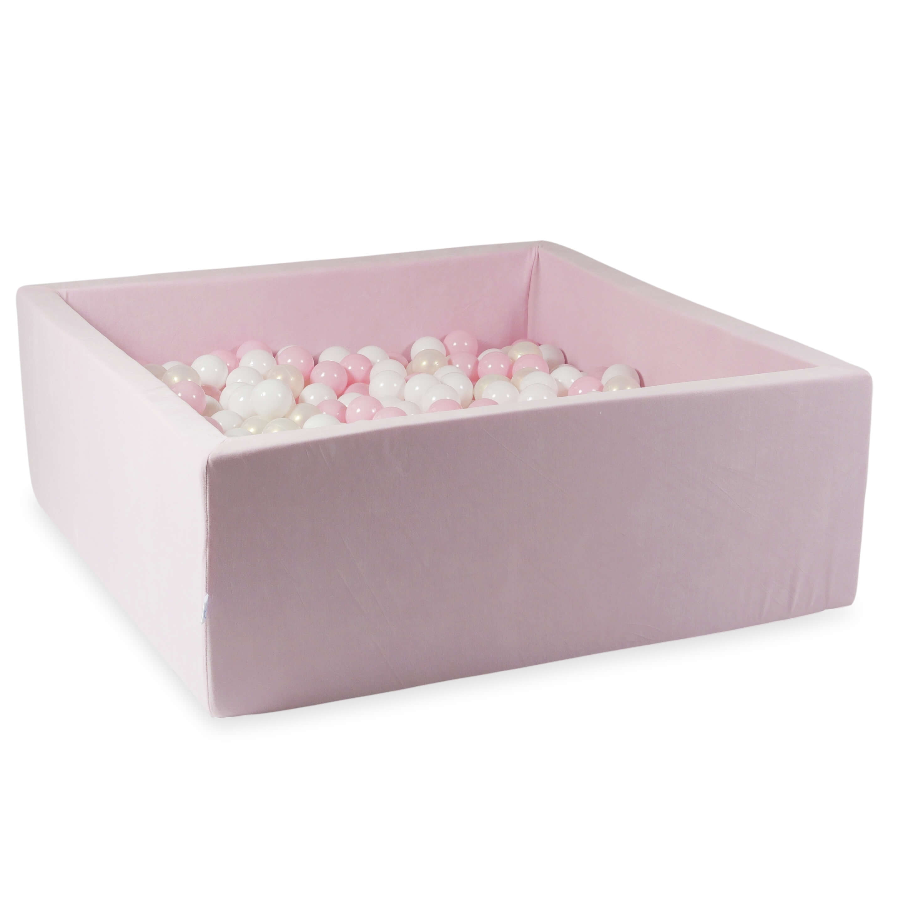 Square ball pit 110x110x40 cm in light pink soft velvet, 600 balls