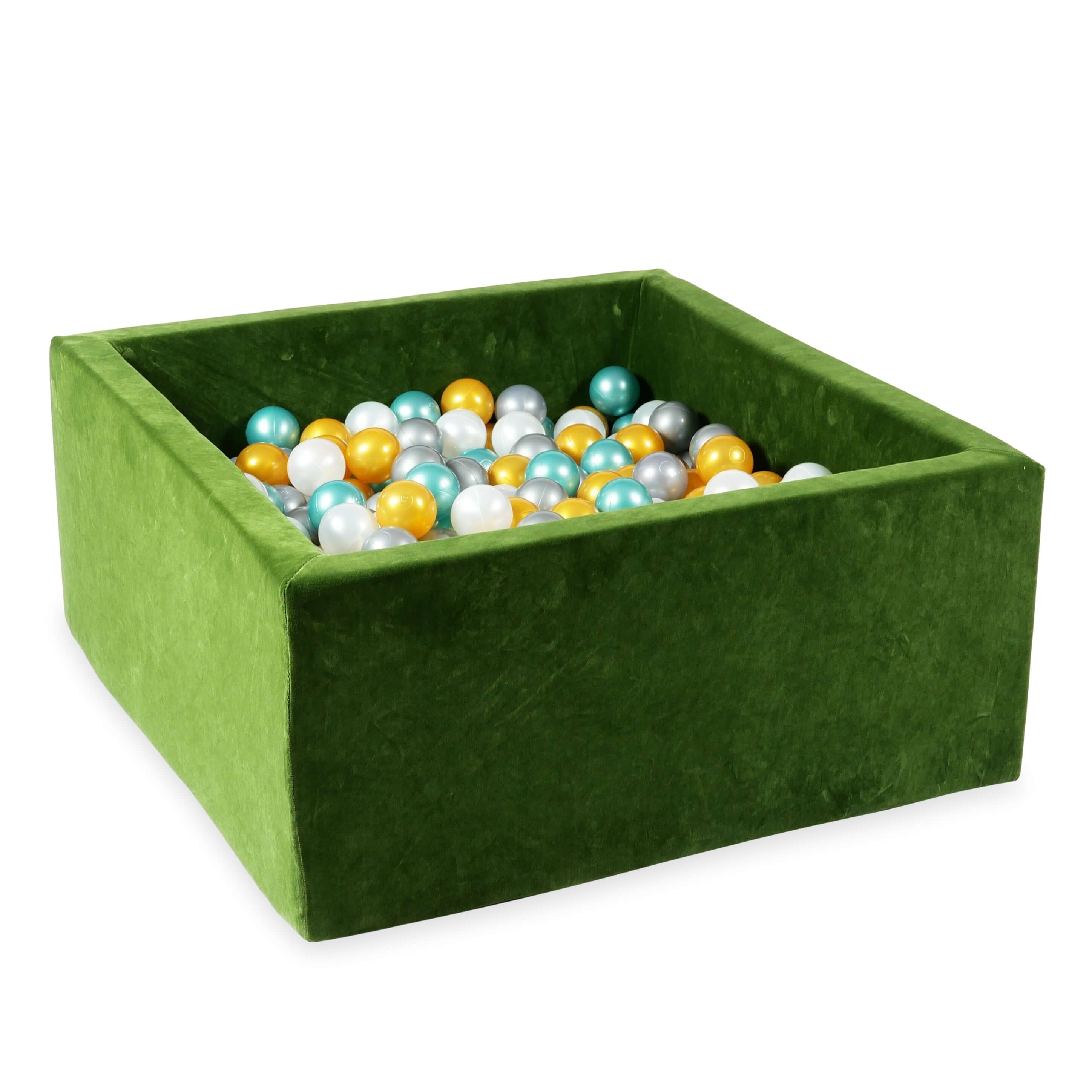 Square ball pit 90x90x40 cm in velvet soft Olive, 400 balls