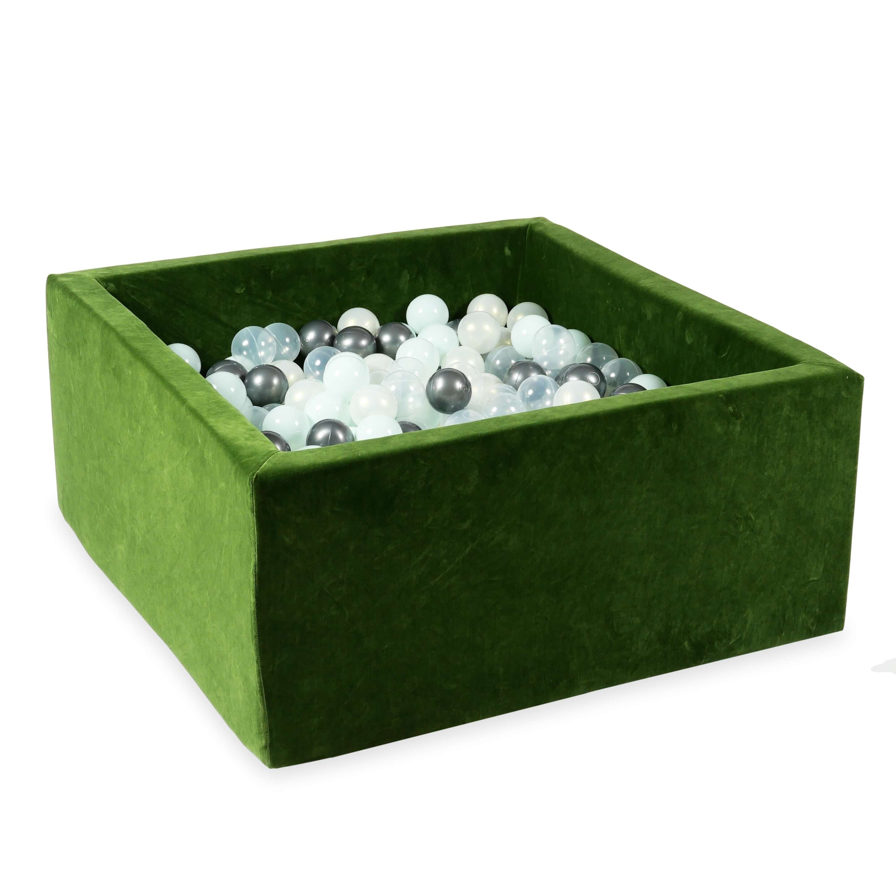 Square ball pit 90x90x40 cm in velvet soft Olive, 400 balls