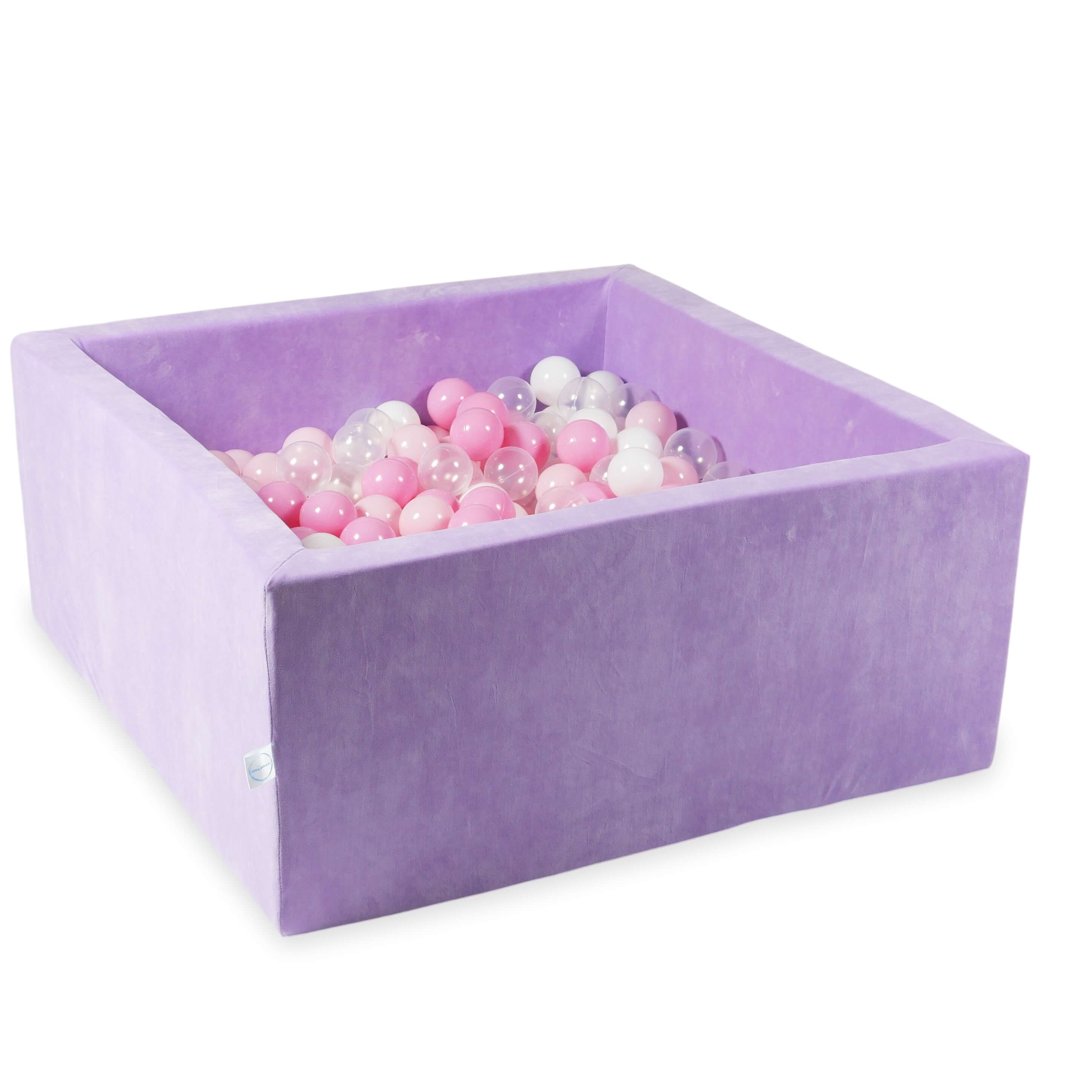 Square ball pit 90x90x40 cm in velvet soft Lilac, 400 balls