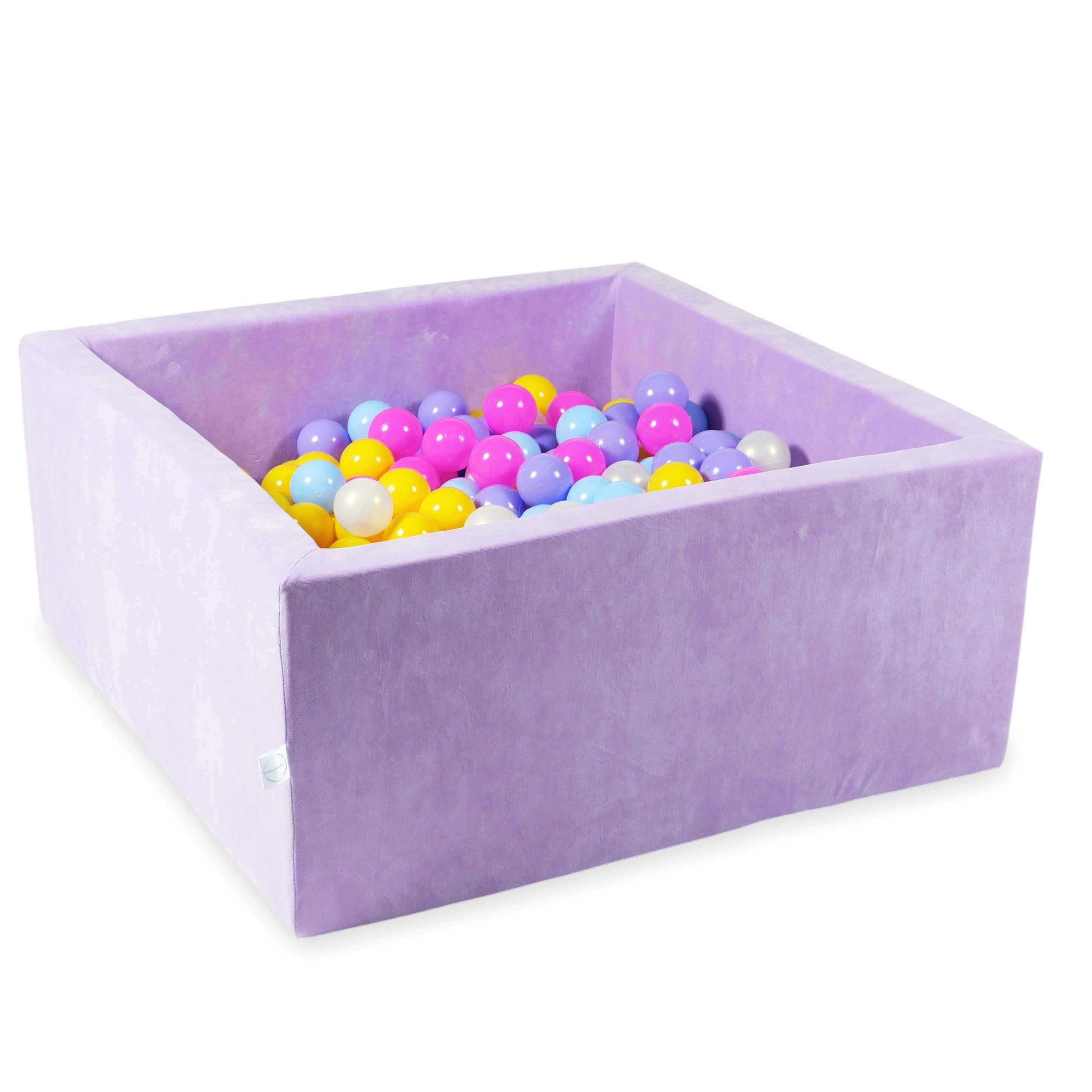 Square ball pit 90x90x40 cm in velvet soft Lilac, 400 balls