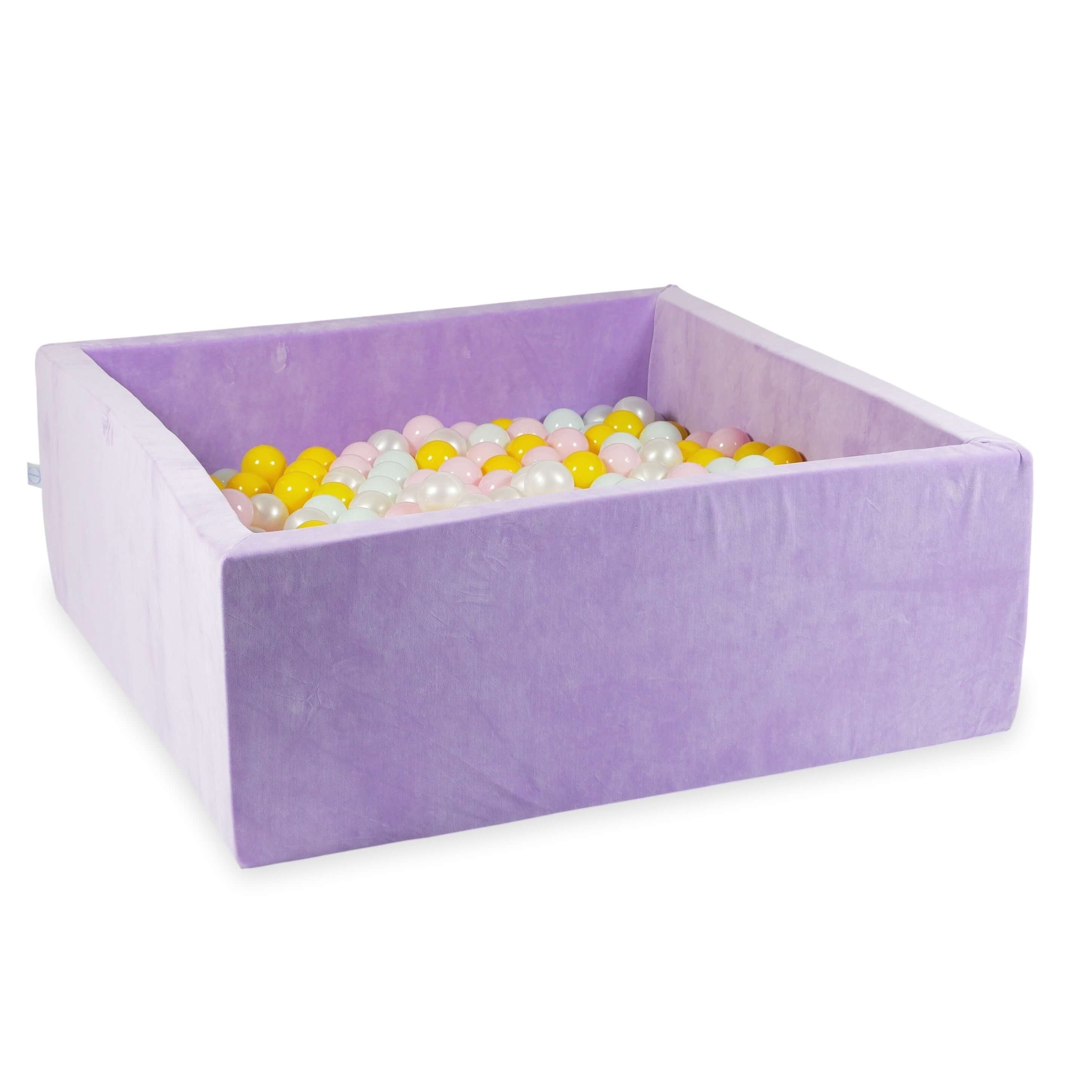 Square ball pit 110x110x40 cm in lilac soft velvet, 600 balls