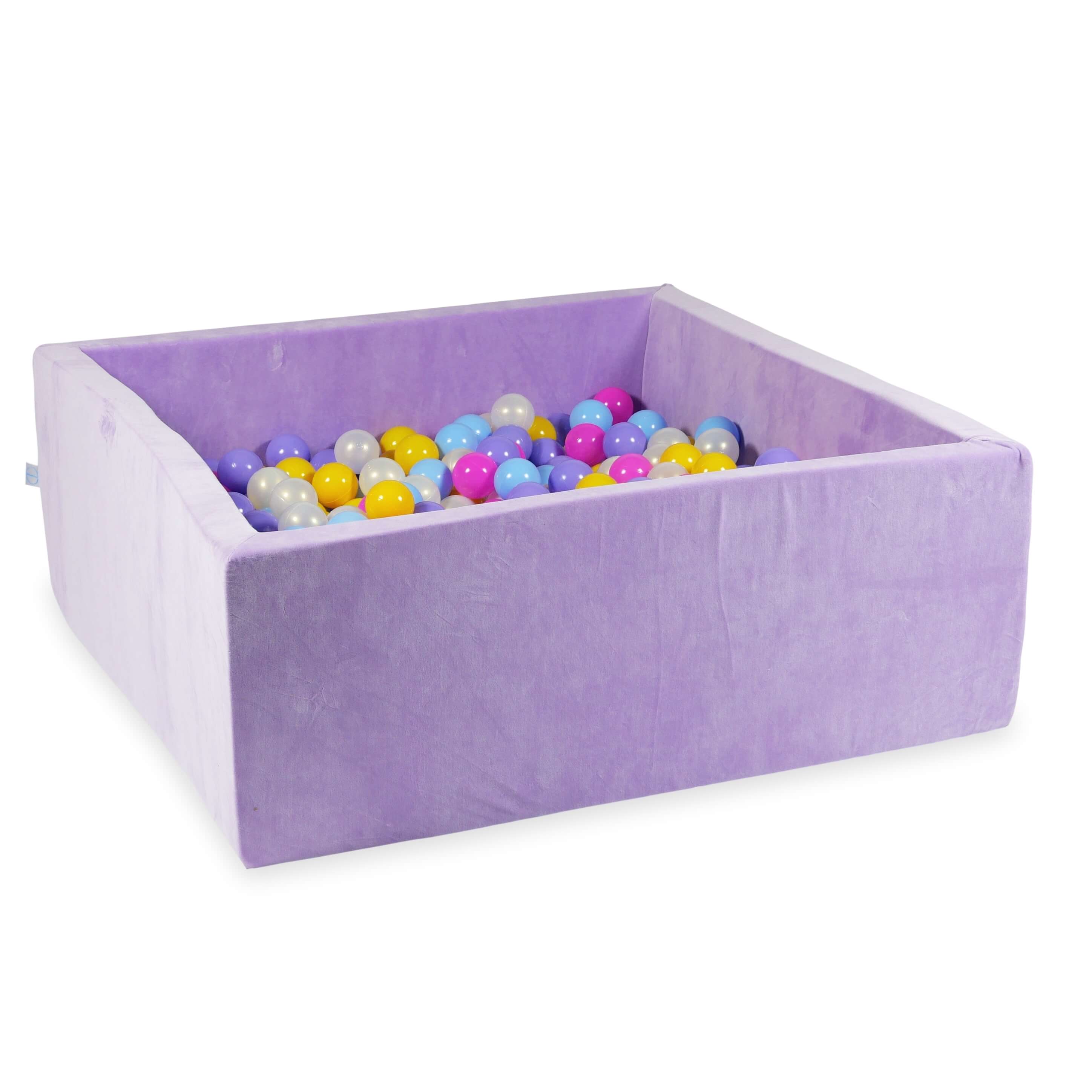 Square ball pit 110x110x40 cm in lilac soft velvet, 600 balls