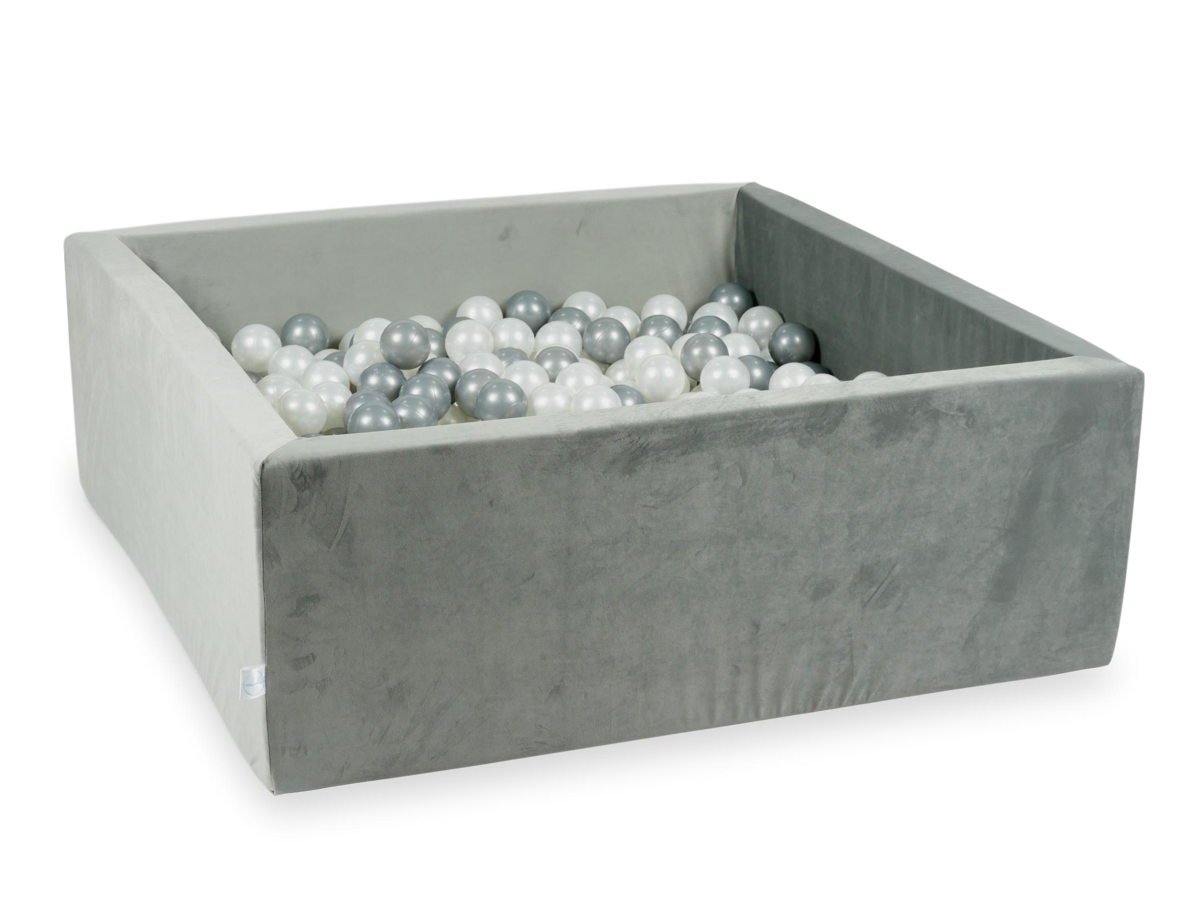 Square ball pit 110x110x40 cm in gray velvet velvet, 600 balls