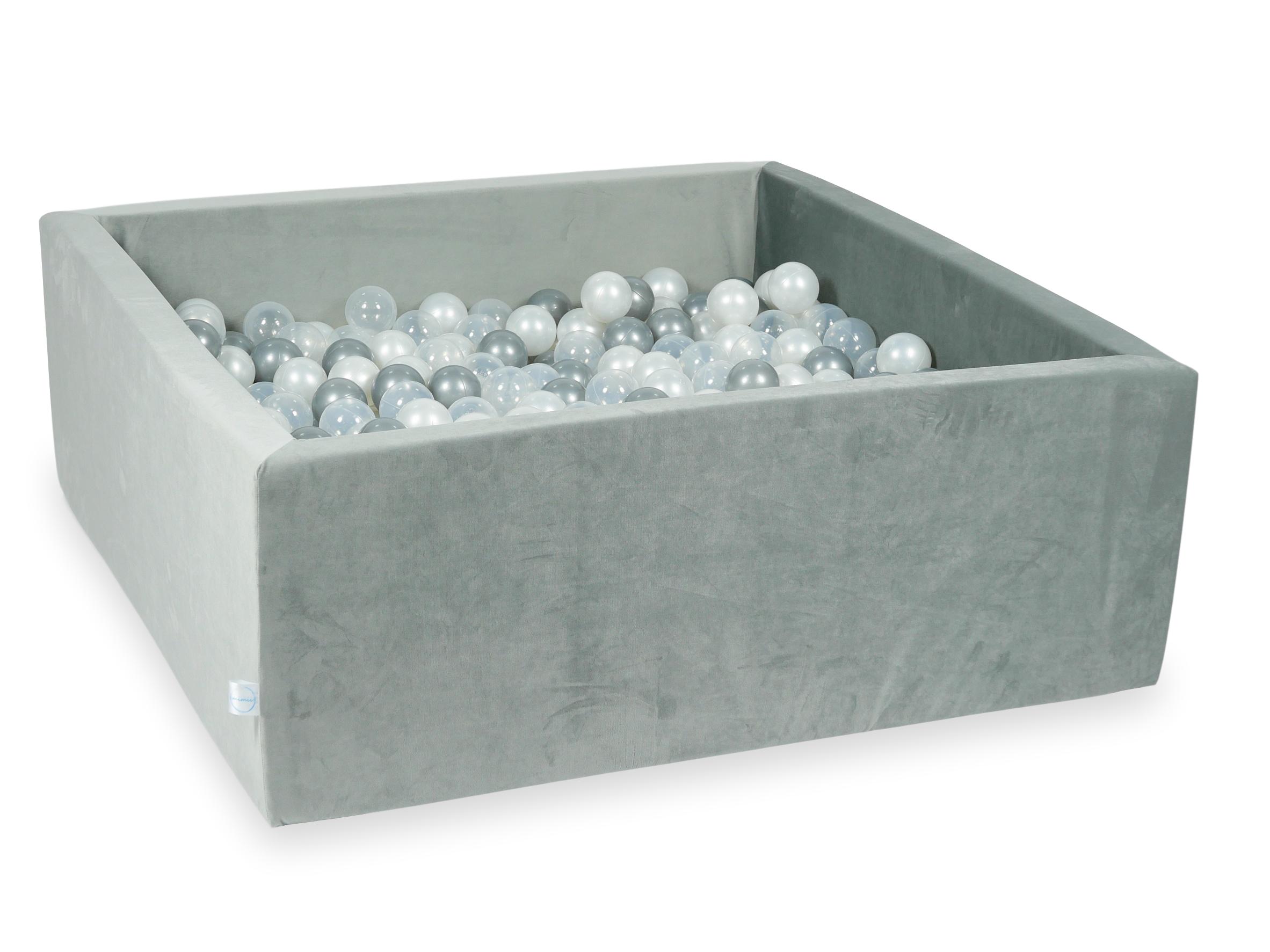 Square ball pit 110x110x40 cm in gray velvet velvet, 600 balls