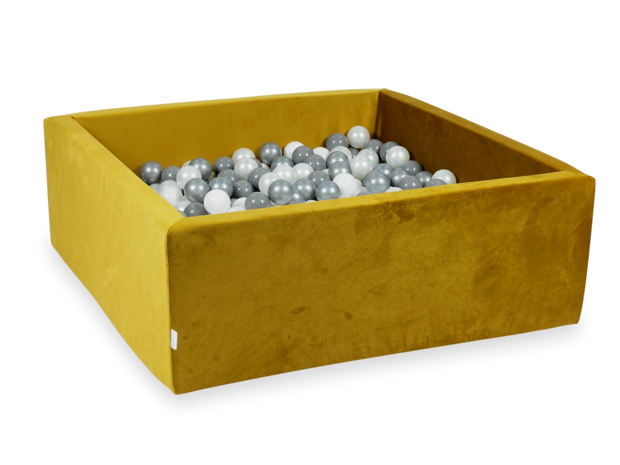 Square ball pit 110x110x40 cm in gold velvet velvet, 600 balls
