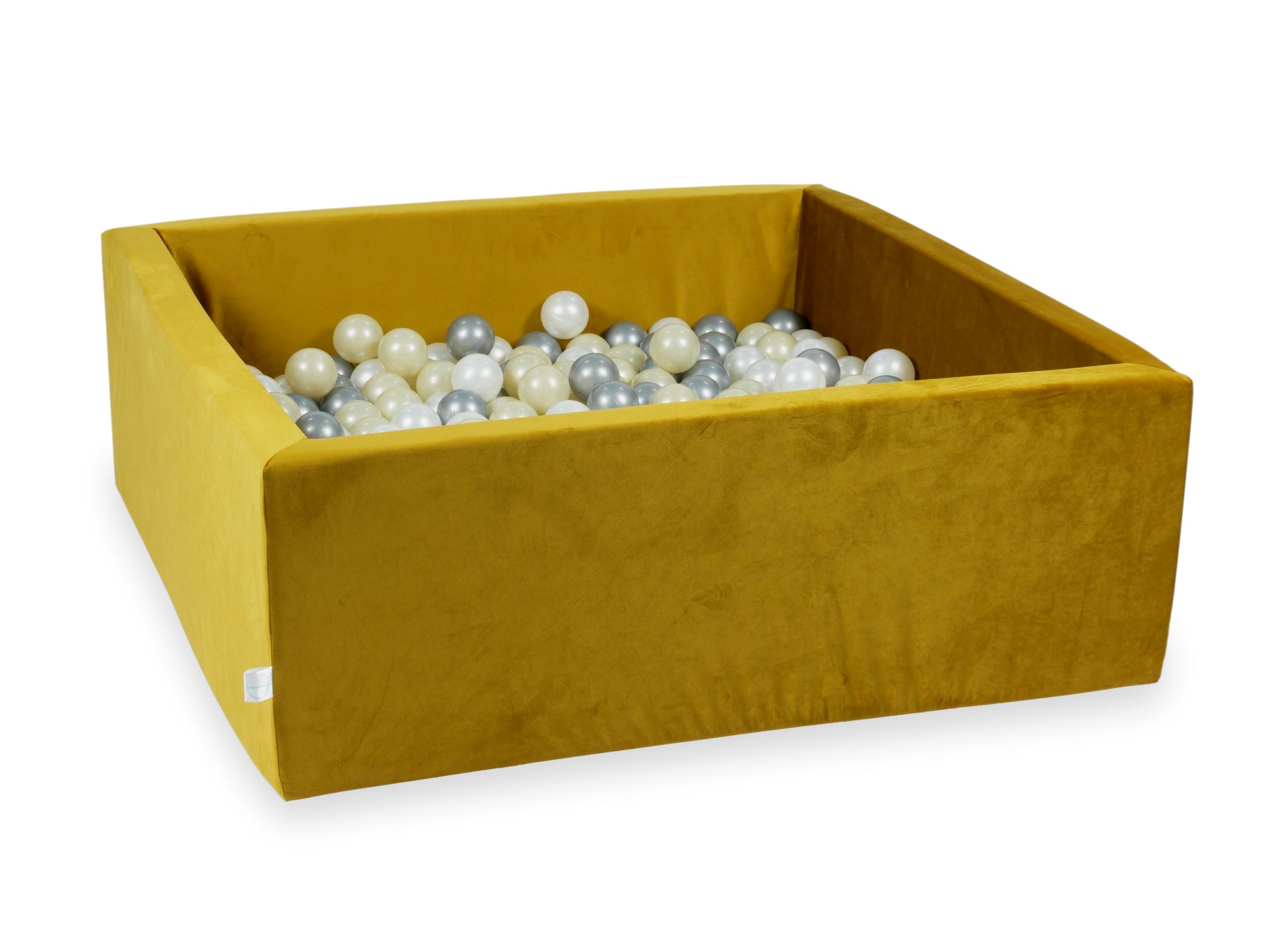 Square ball pit 110x110x40 cm in gold velvet velvet, 600 balls