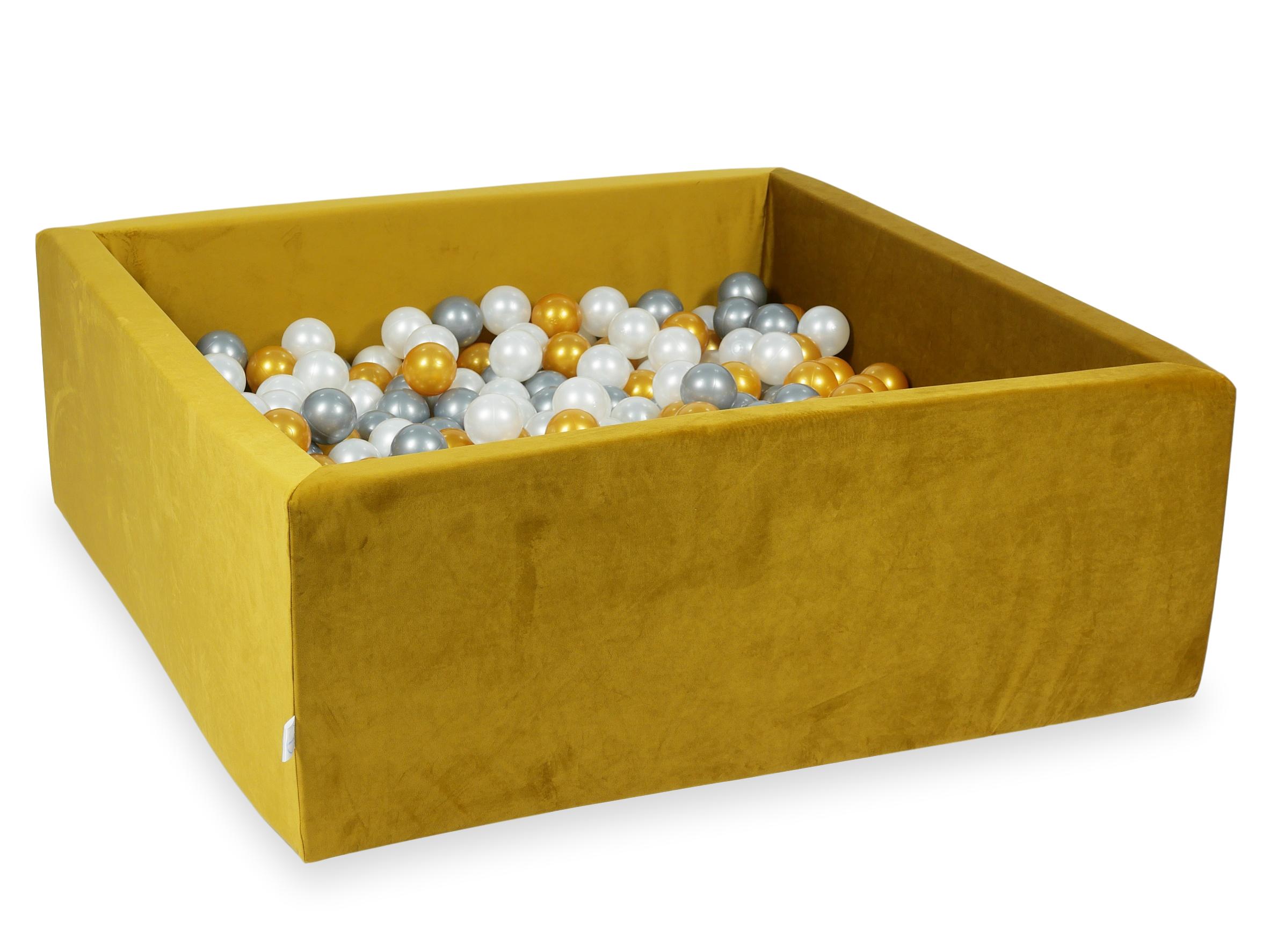 Square ball pit 110x110x40 cm in gold velvet velvet, 600 balls