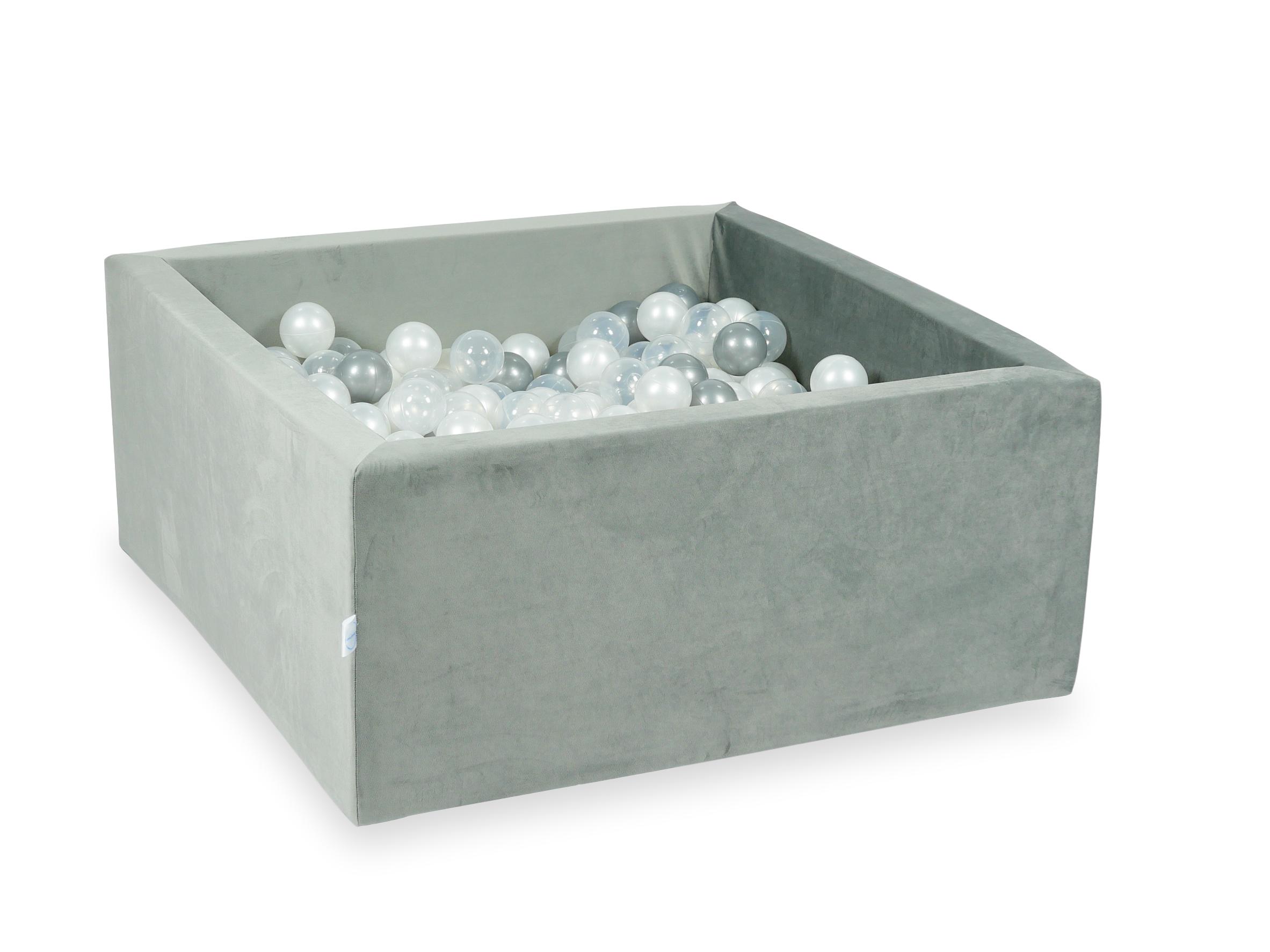 Square ball pit 90x90x40 cm in gray velvet velvet, 400 balls