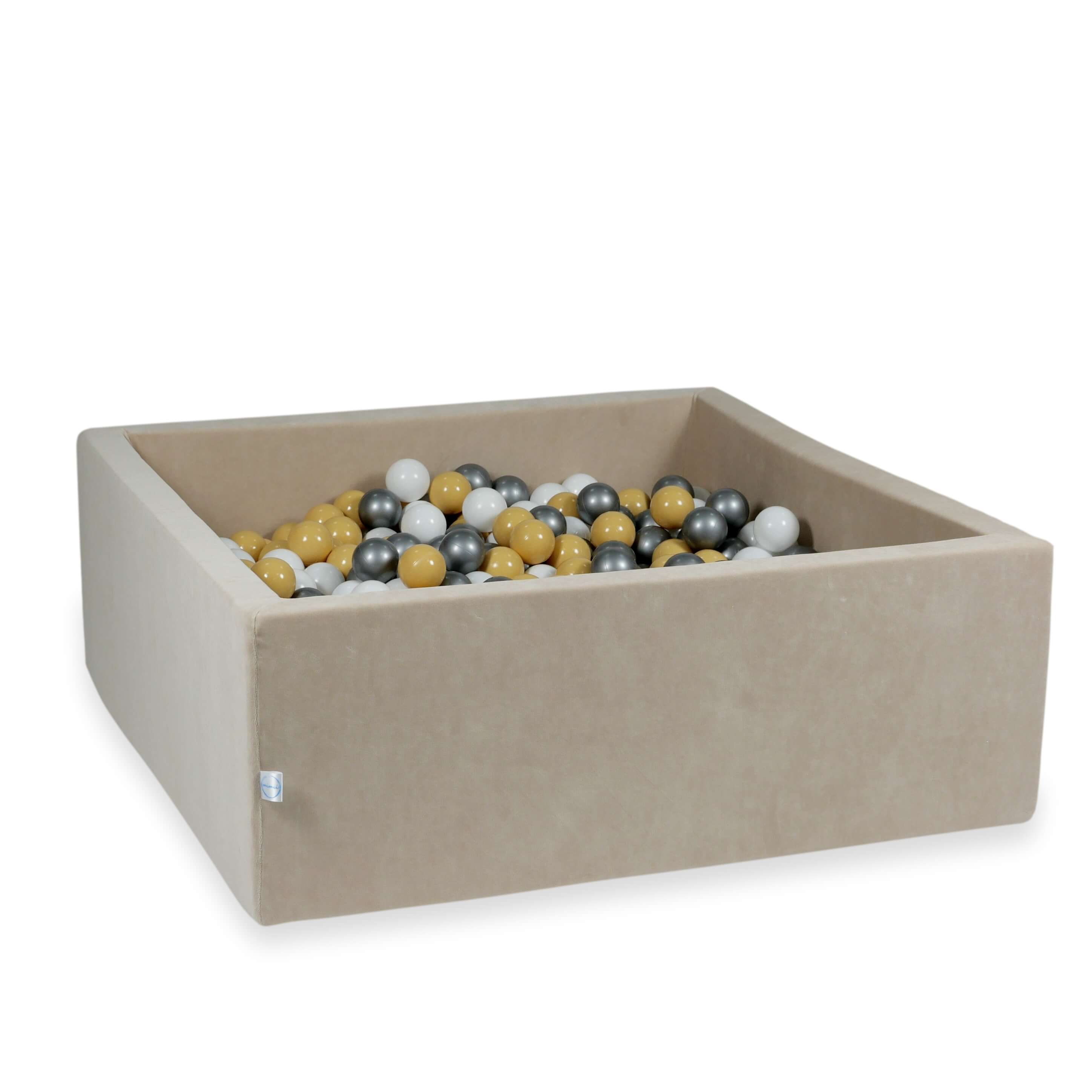 Square ball pit 110x110x40 cm in beige soft velvet, 600 balls