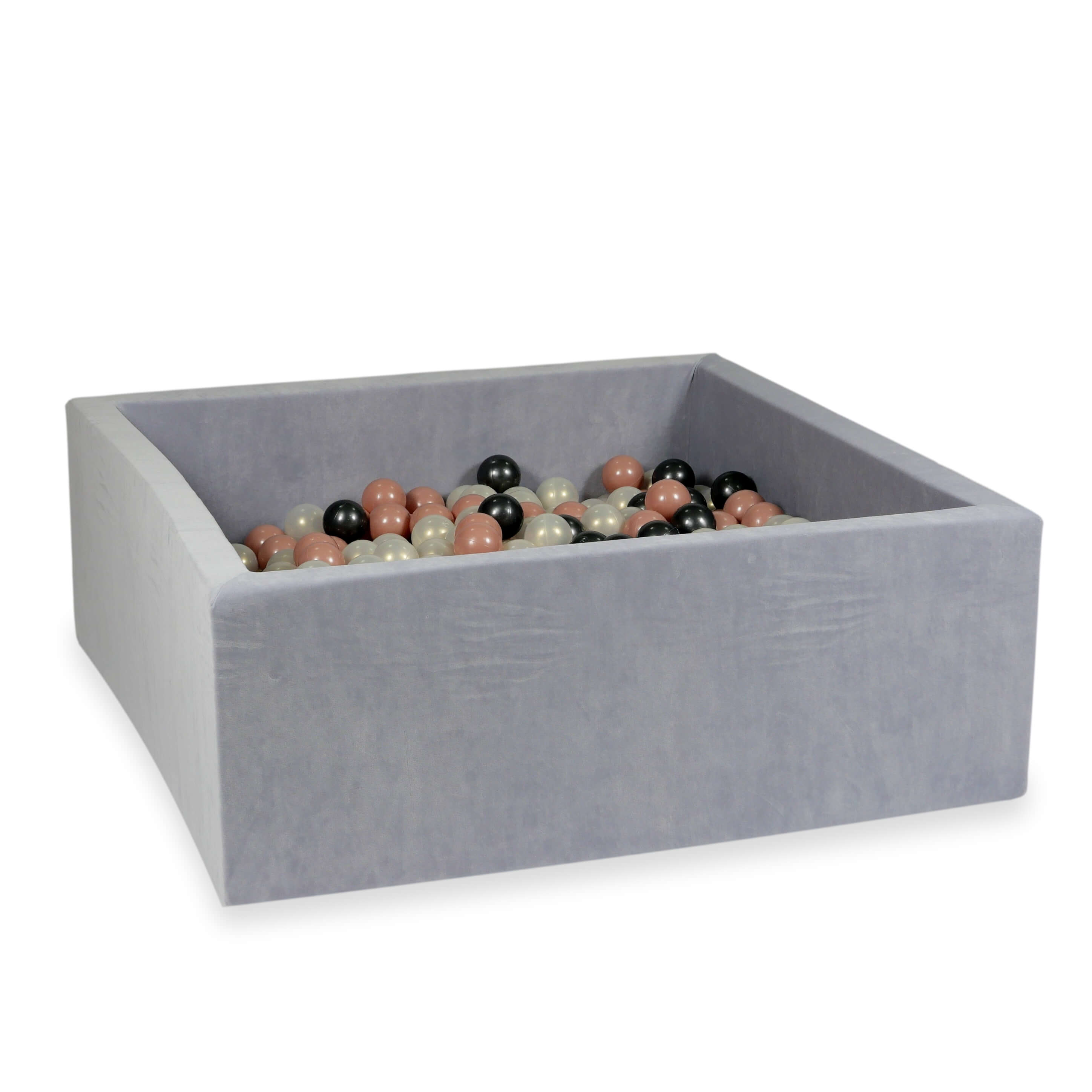 Square ball pit 110x110x40 cm in light gray soft velvet, 600 balls