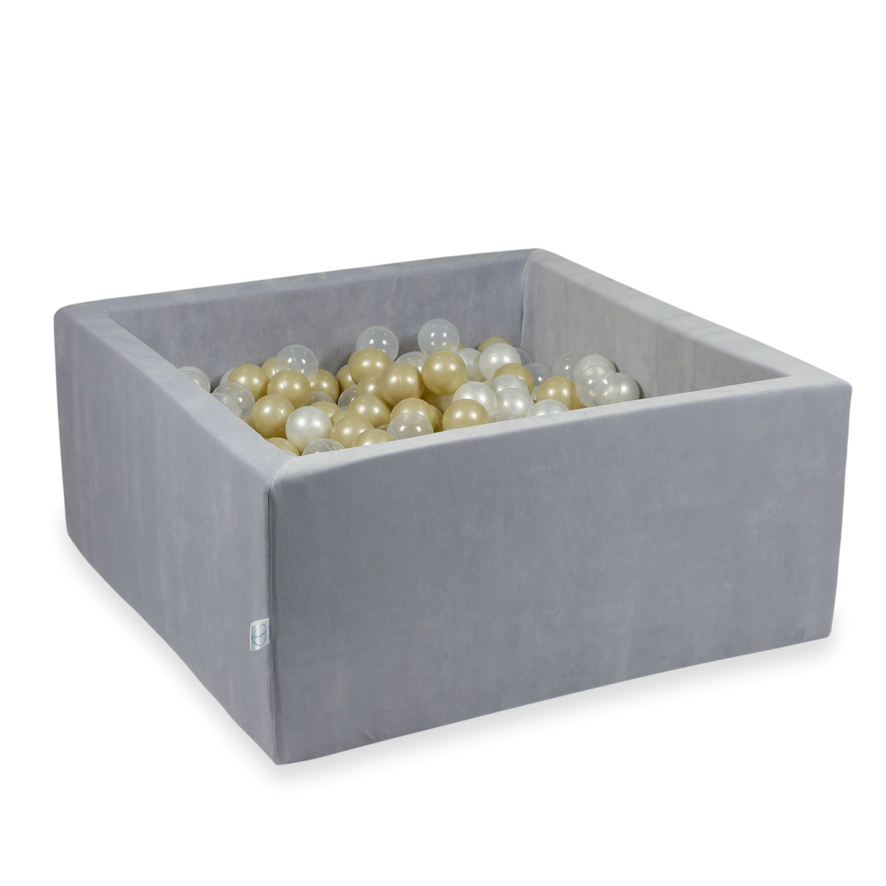 Square ball pit 90x90x40 cm in light gray soft velvet, 400 balls