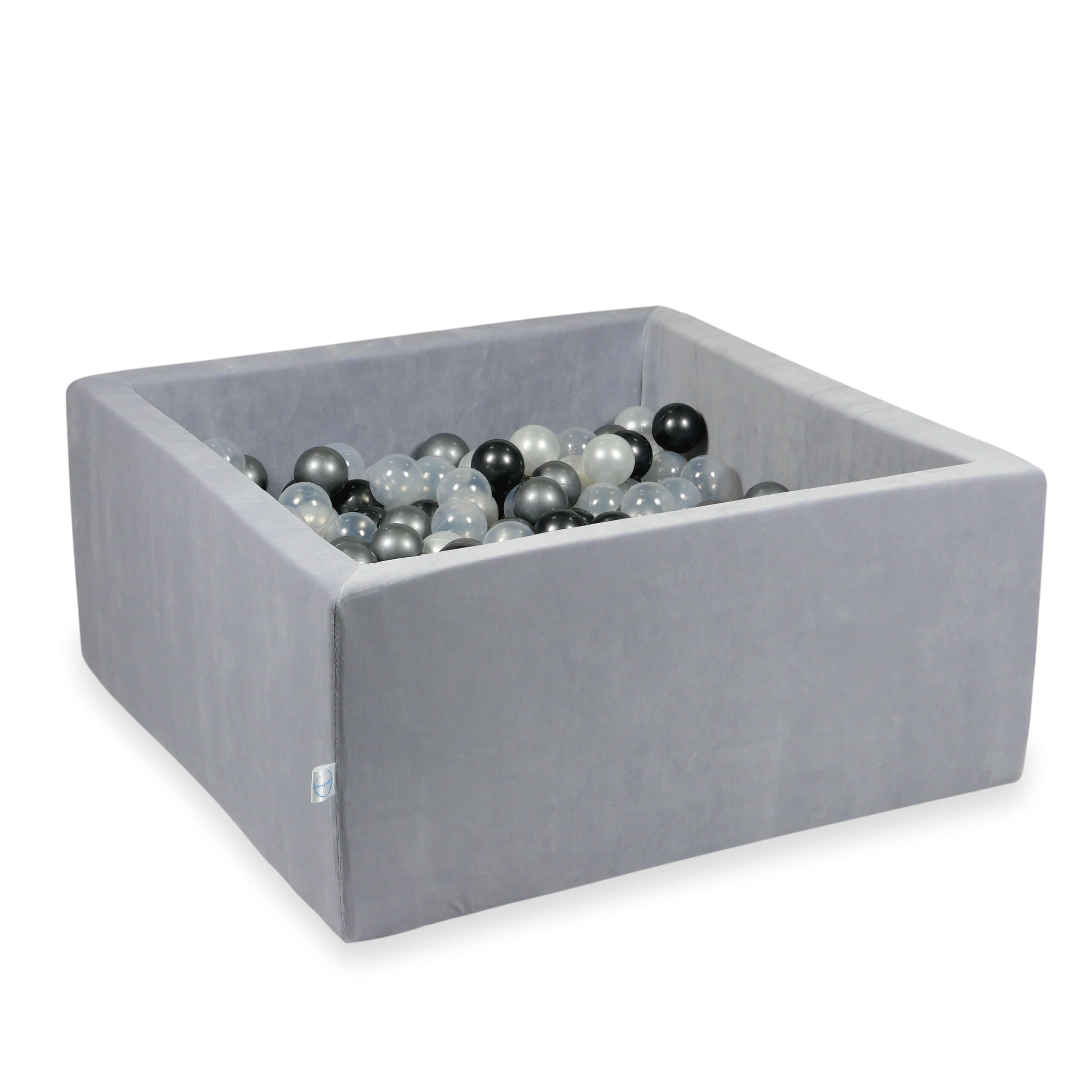 Square ball pit 90x90x40 cm in light gray soft velvet, 400 balls