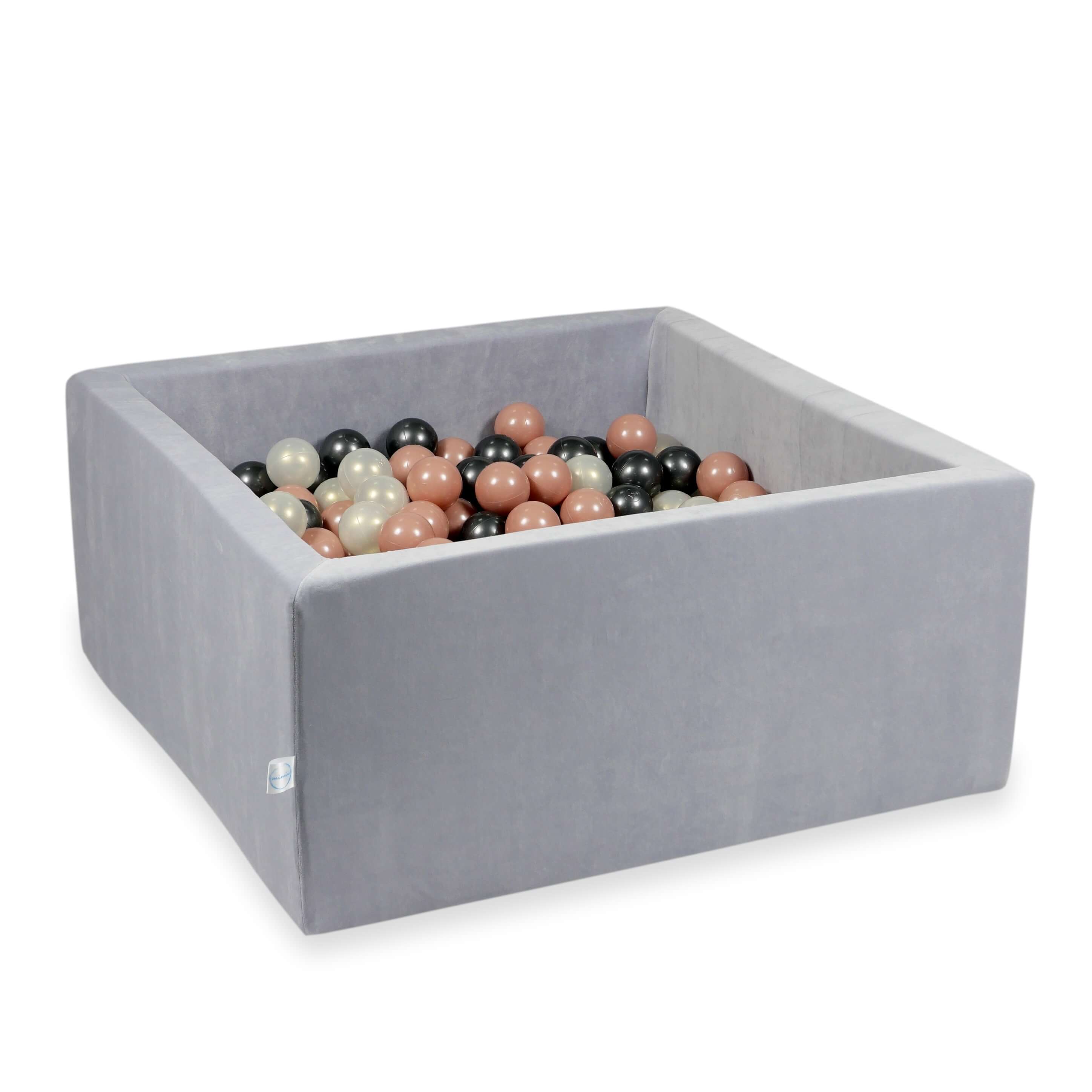 Square ball pit 90x90x40 cm in light gray soft velvet, 400 balls