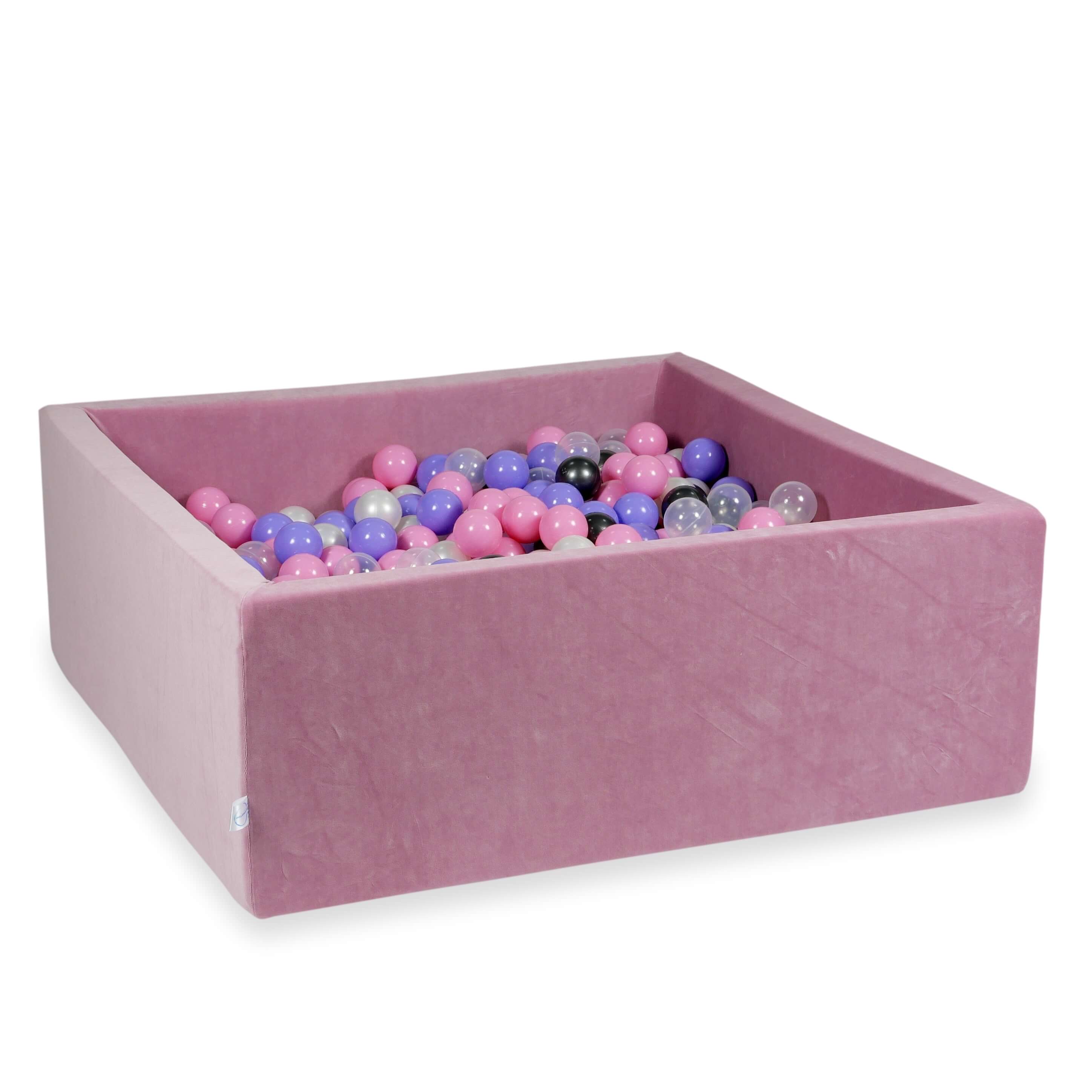 Square ball pit 110x110x40 cm in pink soft velvet, 600 balls